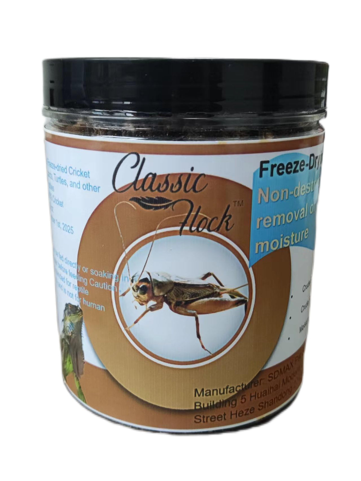 Classic Flock freeze-dried cricket pack closeup emphasizing high-protein nutrition for pets.