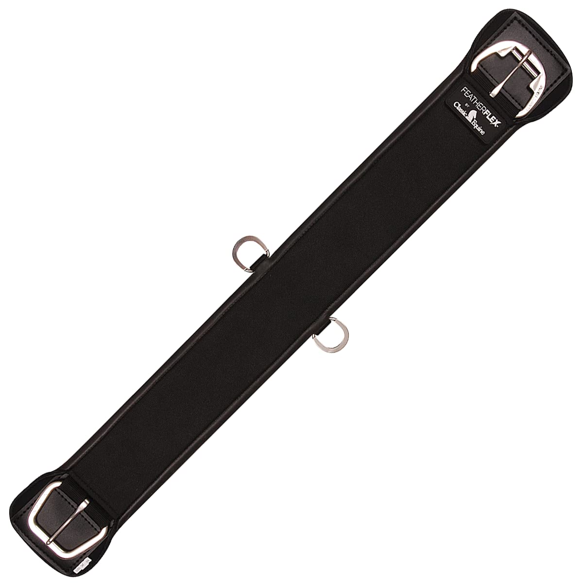 Classic Equine Feather Flex Straight Cinch in black keeps saddle secure during long trail rides.