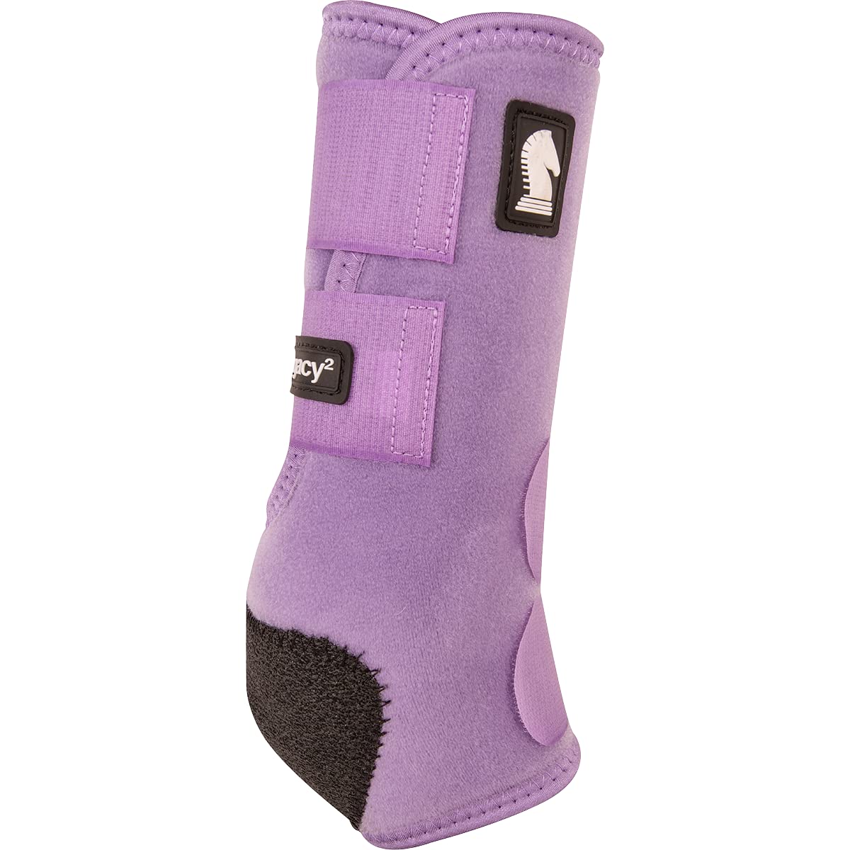 Classic Equine Legacy2 hind lavender boot right view guards against crossfire injuries during turns.