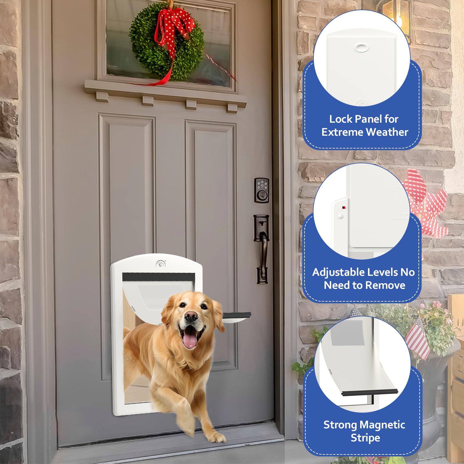 Classicmacher dog door backplate and magnets provide secure, insulated closure.