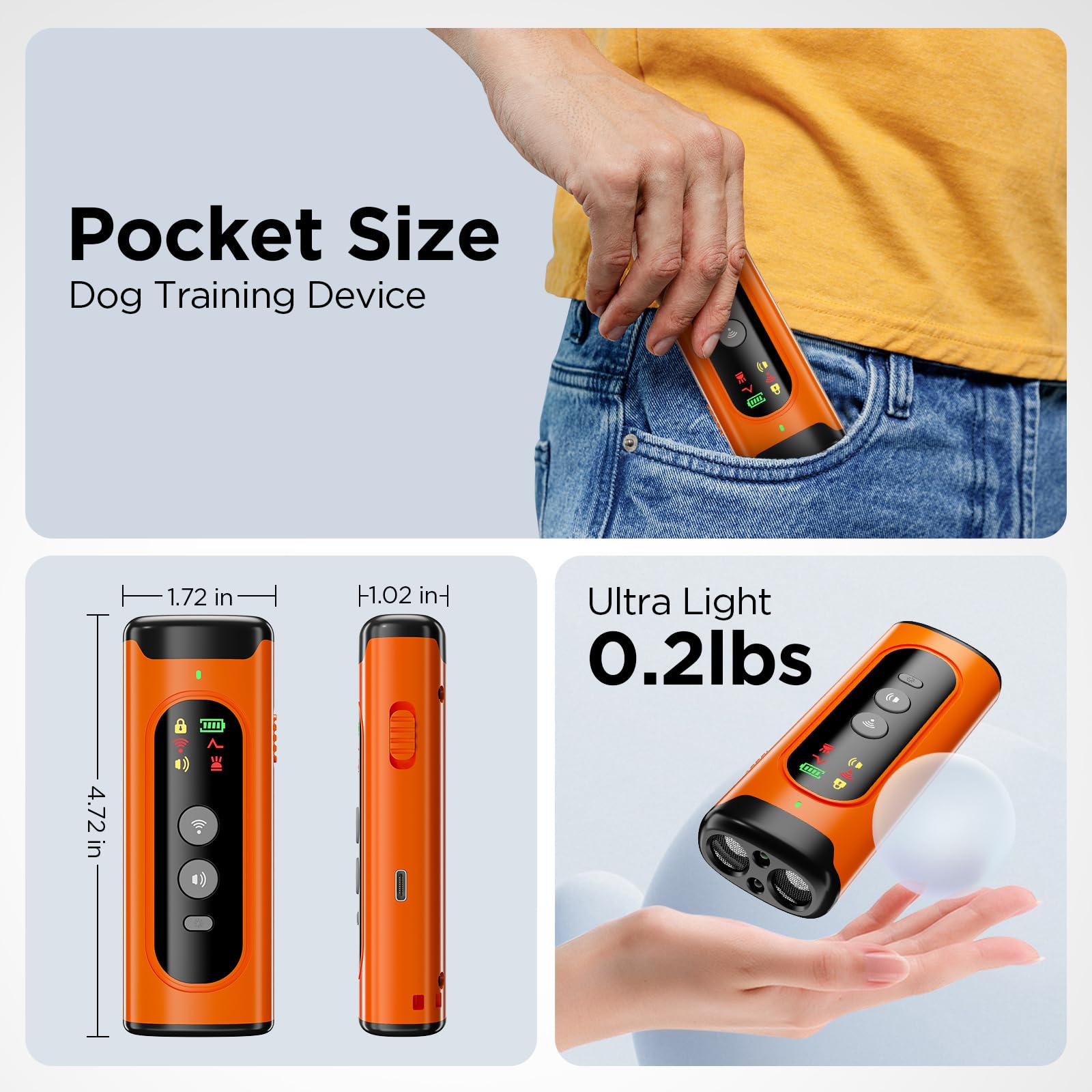 Clasy training device with command prompts image highlighting sit and come cues.