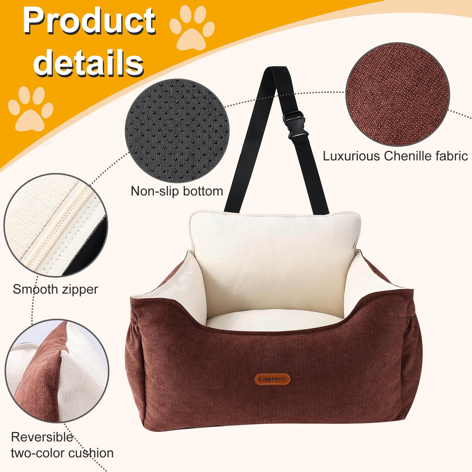 Clawamilly dog car seat soft chenille fabric for pet comfort