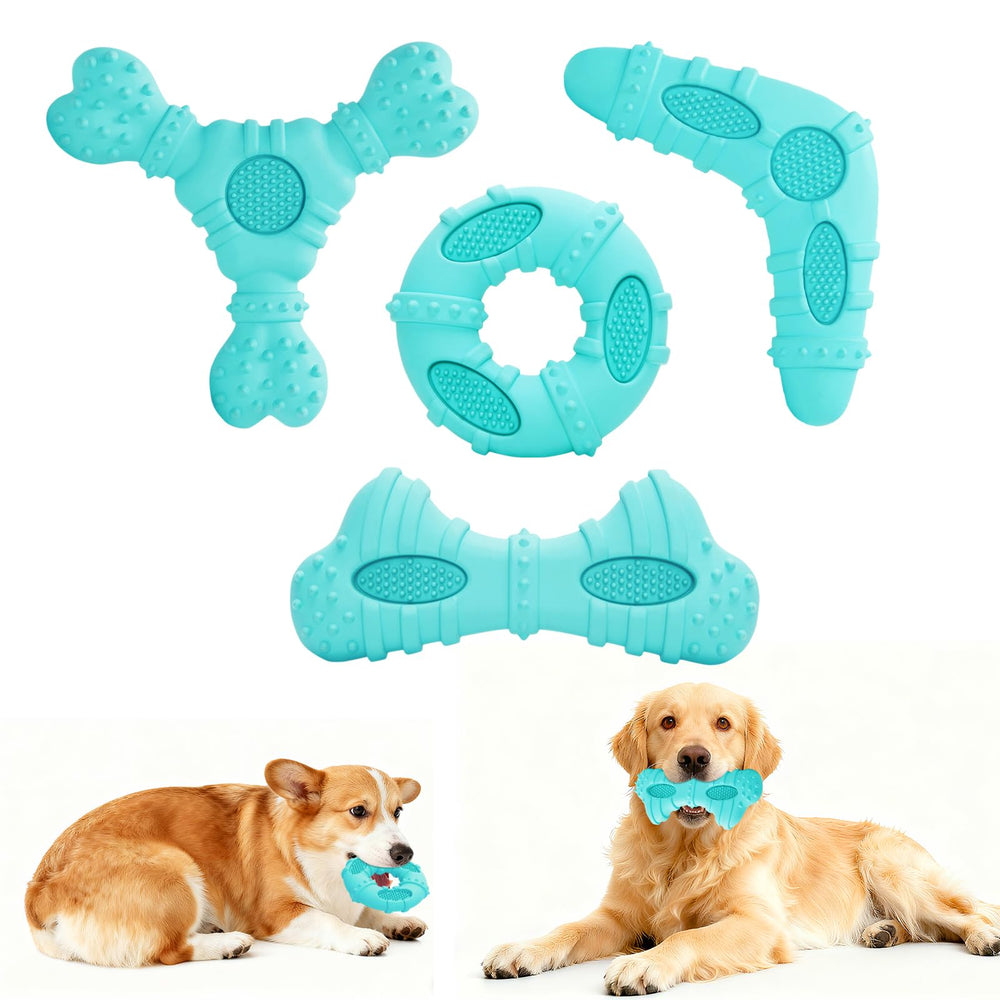 ClawClawHome four-shape blue dog chew toys for dental cleaning and boredom relief.