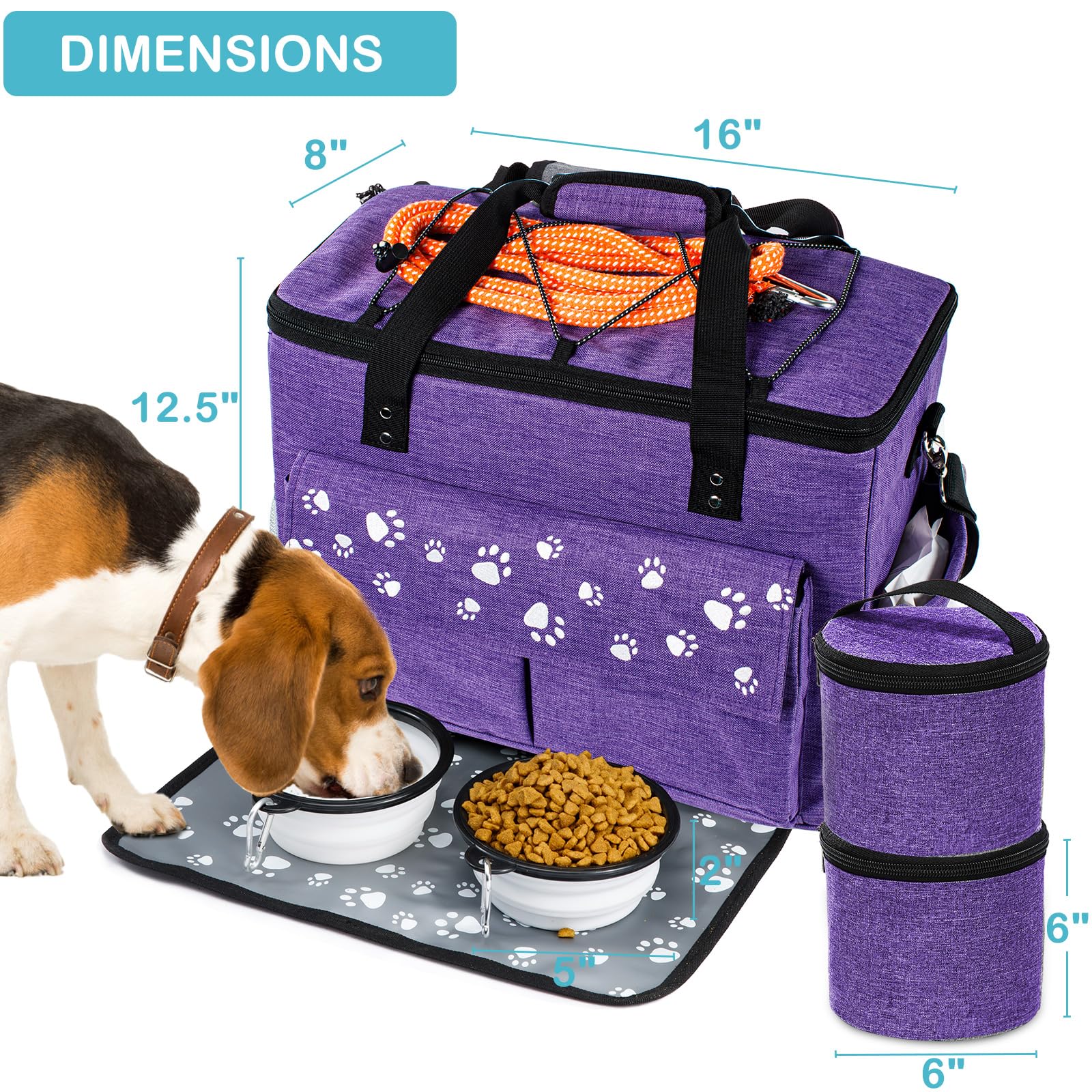 CLAWIST Dog Travel Bag XL contents laid out: bag, placemat, food containers, bowls, strap.