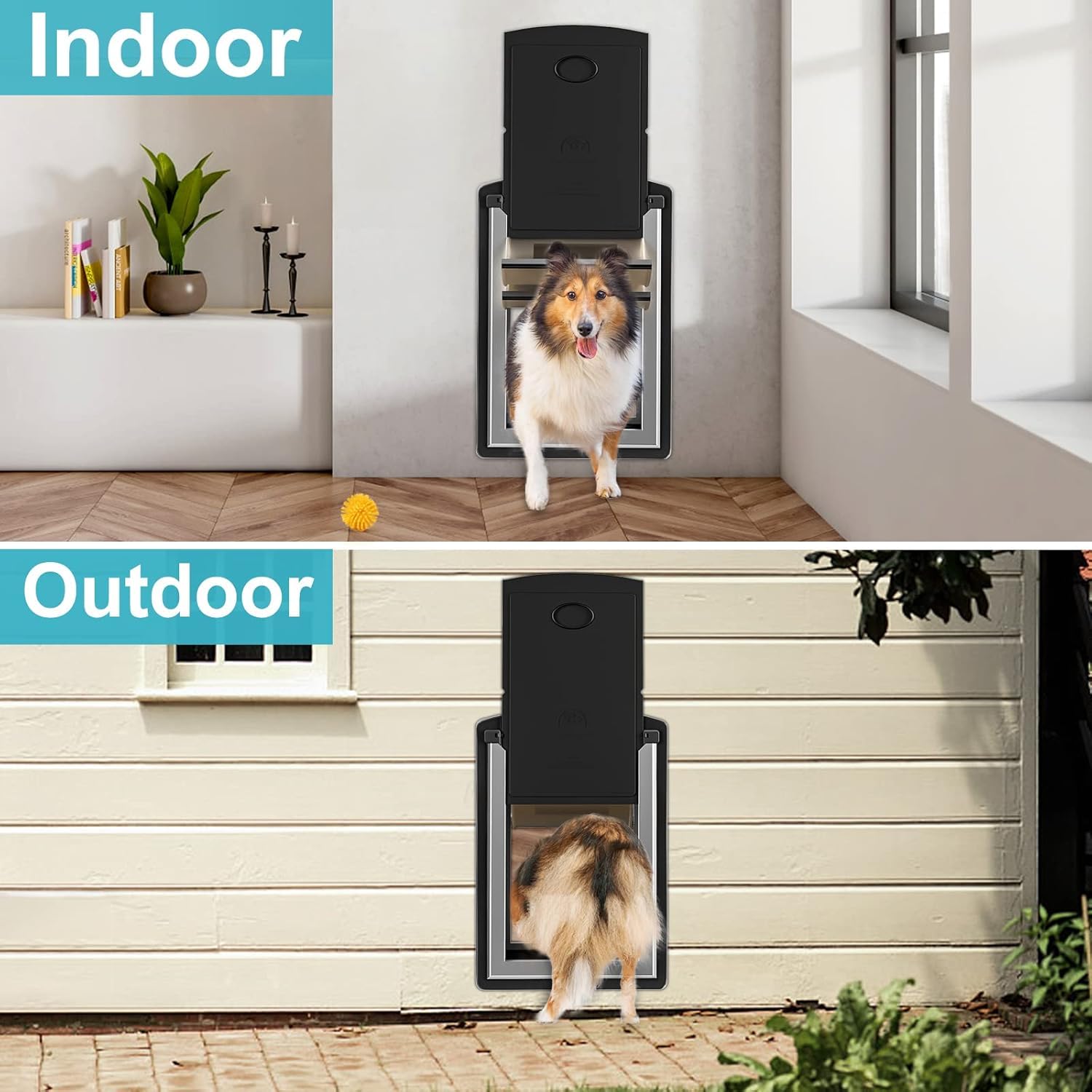 ClawJaw cat door dog-use versatility allows small dogs to share outdoor access.