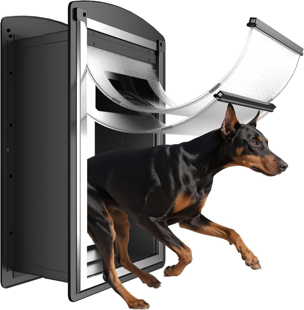 ClawJaw XL dog door wall front view with metal frame and double flaps