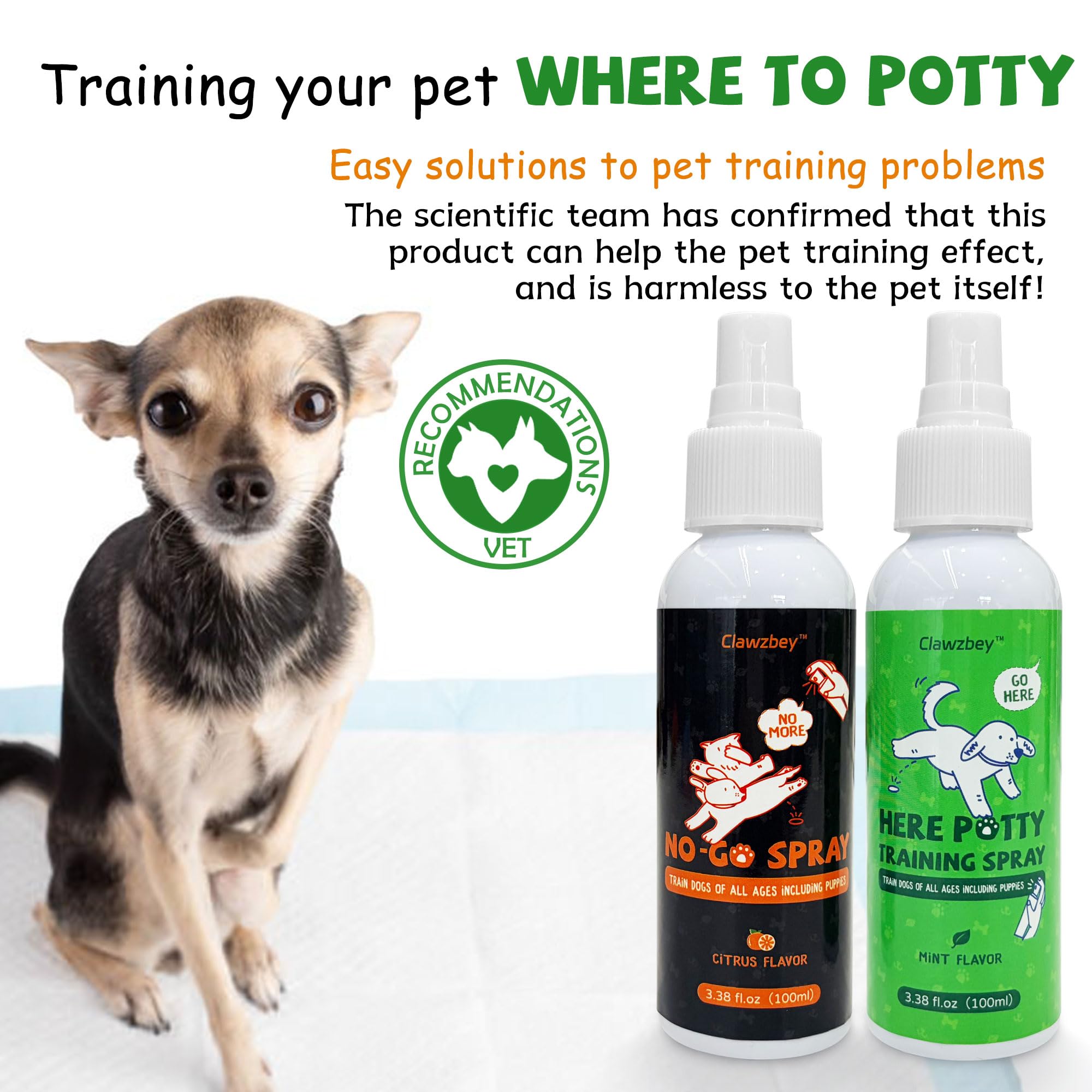 Clawzbey Here Potty Training Spray in action guiding dogs to mat effectively.