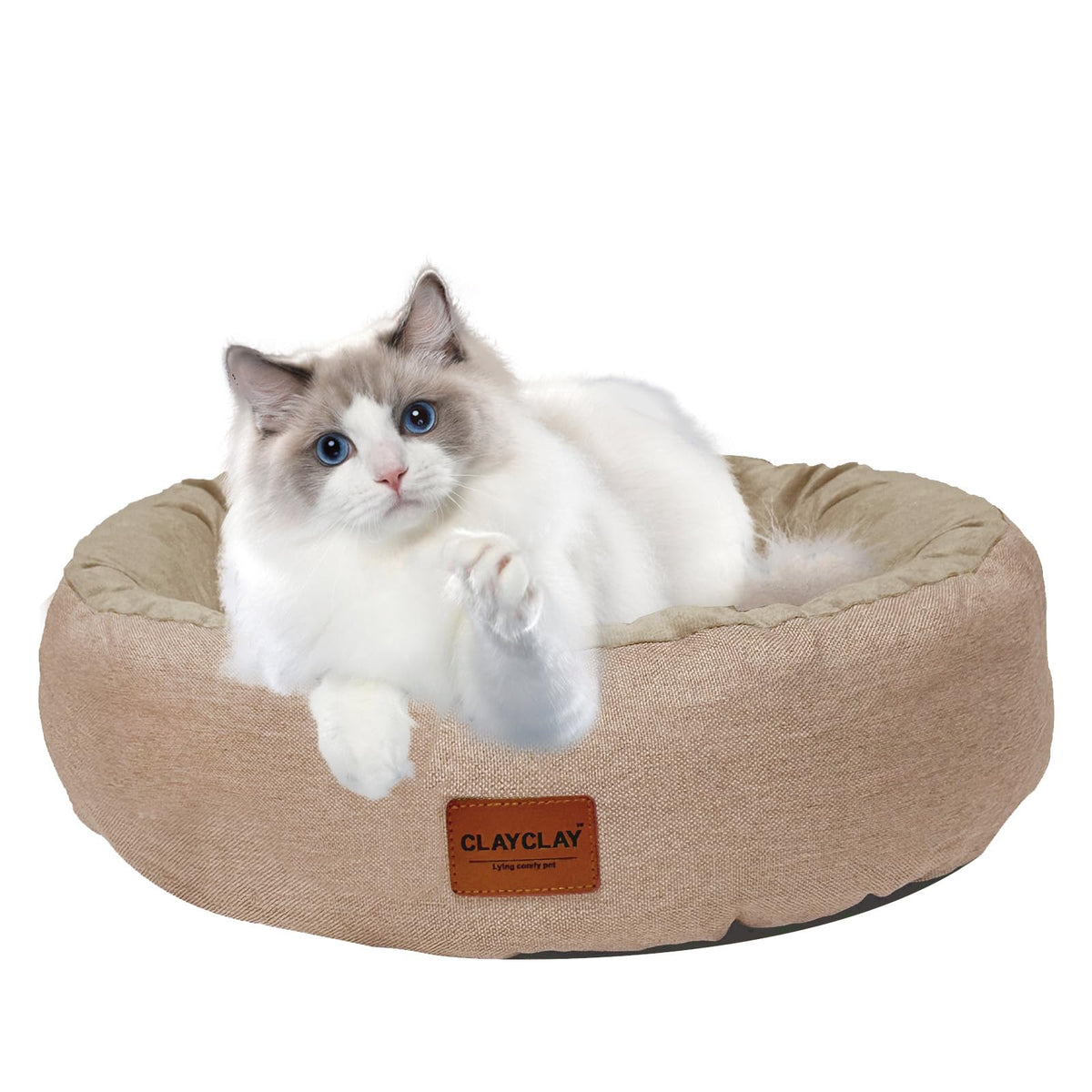 CLAYCLAY Cozy Round Cat Bed front view in khaki reveals plush warmth for cozy lounging