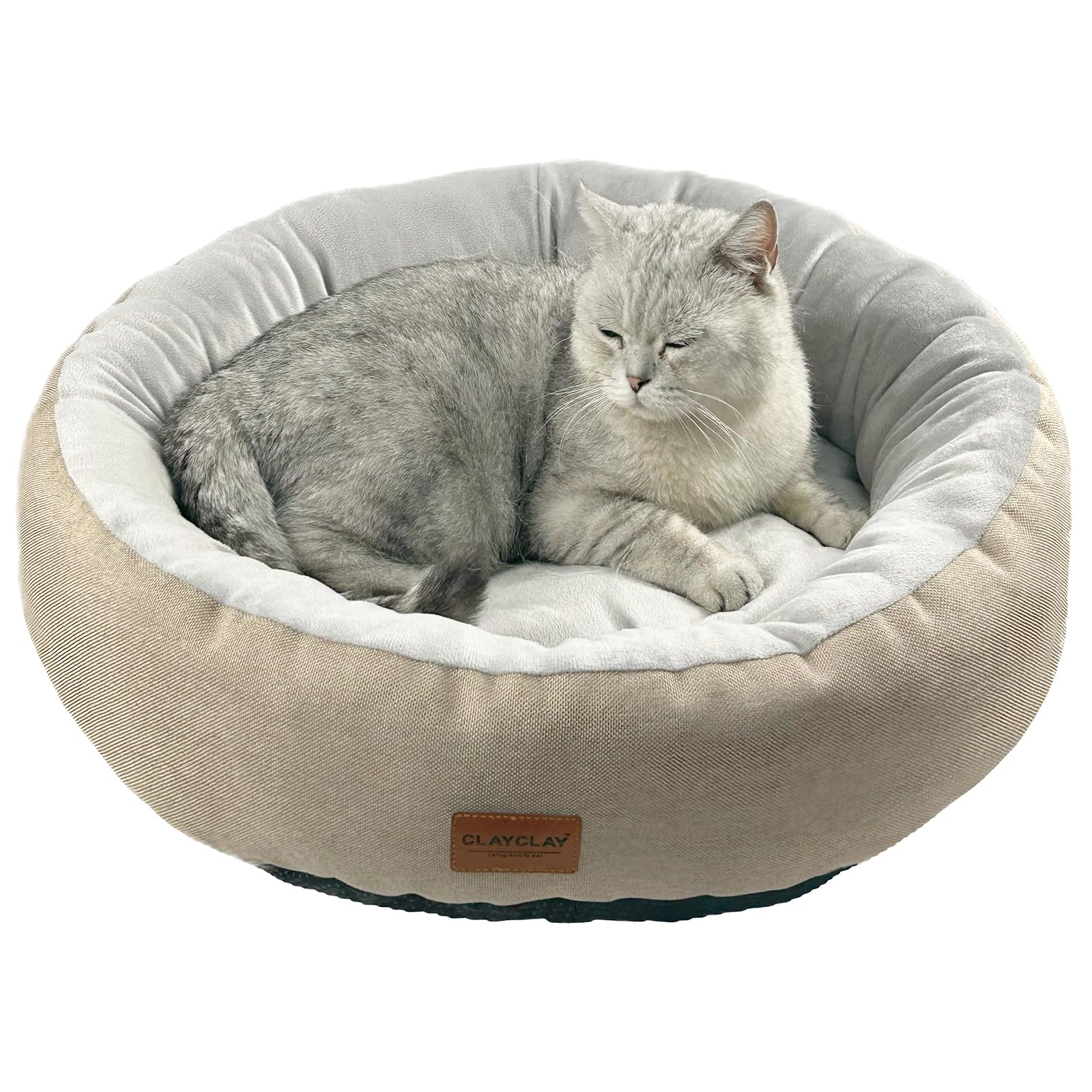 CLAYCLAY Cozy Round Cat Bed packaging shot highlights compact design