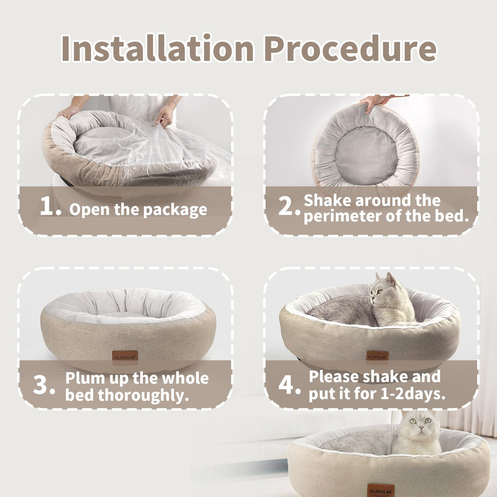 CLAYCLAY Cozy Round Cat Bed side view shows raised walls for secure curling