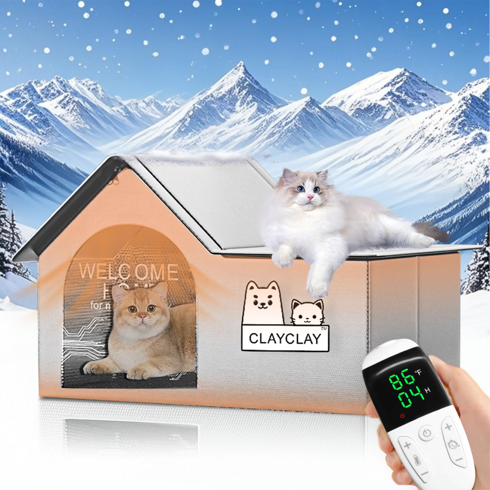 CLAYCLAY sturdy heated cat house in winter with warmth and shelter