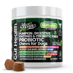Clean Pets probiotics dog bottle front showing beef-flavored soft chews for digestive support potential