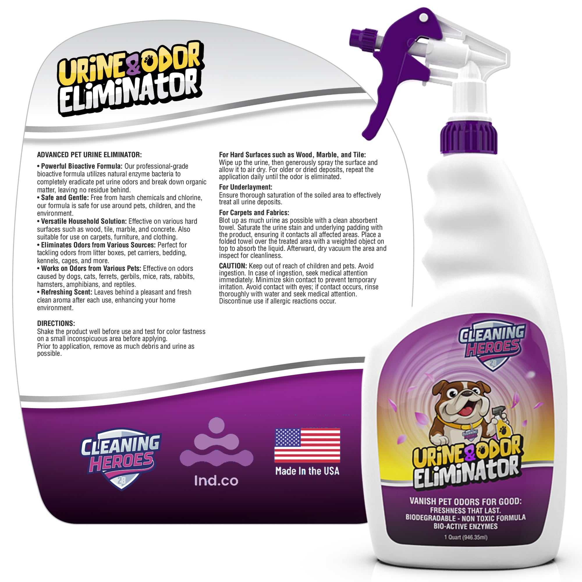 Cleaning Heroes bottle-pour-action shows spray delivery for pet odors