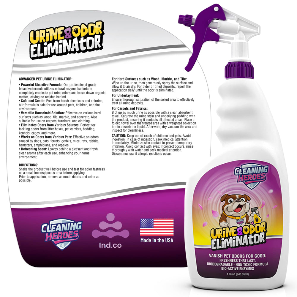 Cleaning Heroes bottle-pour-action shows spray delivery for pet odors