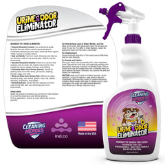 Cleaning Heroes bottle-pour-action shows spray delivery for pet odors