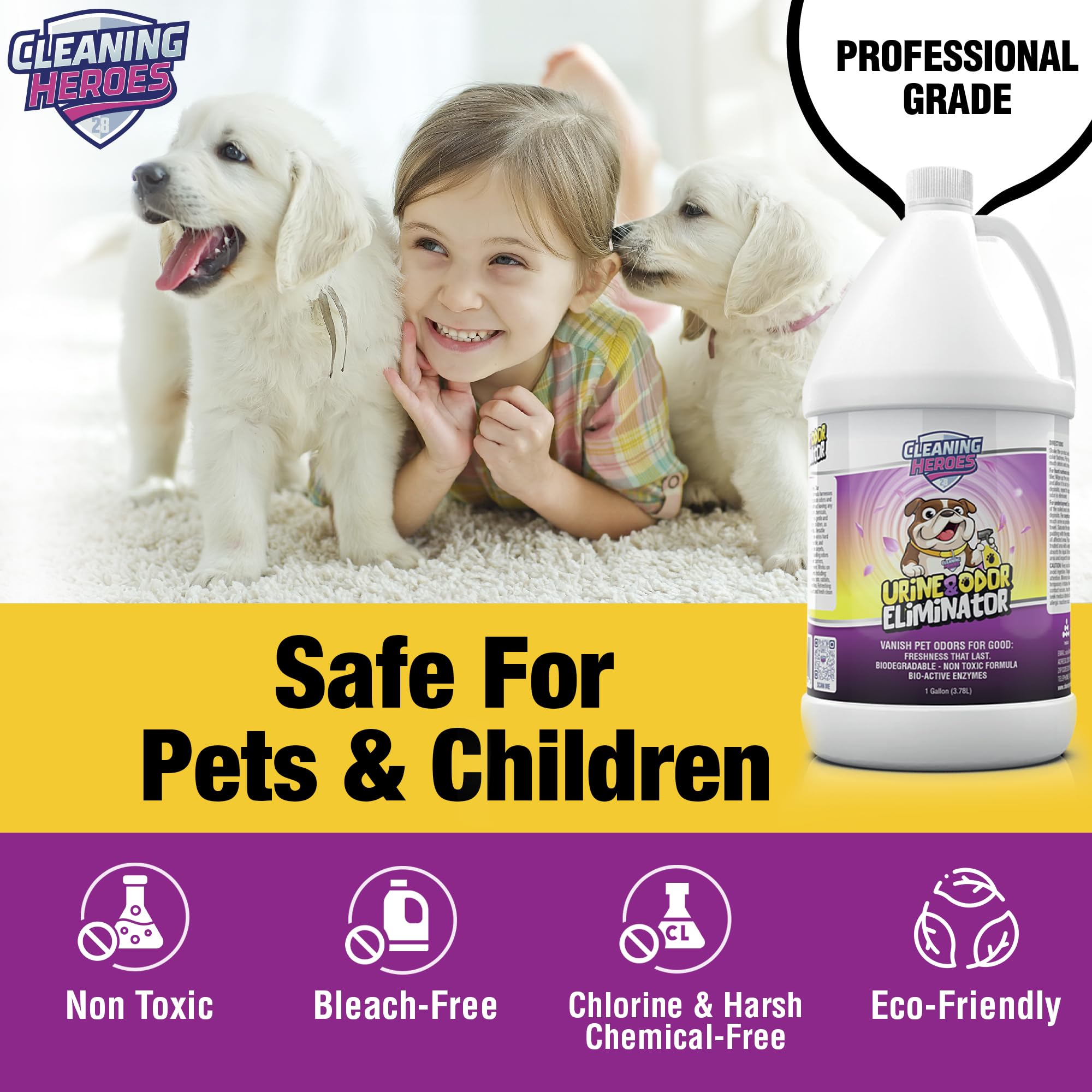 CLEANING HEROES Enzyme cleaner spray shown for quick stain and odor removal on upholstery