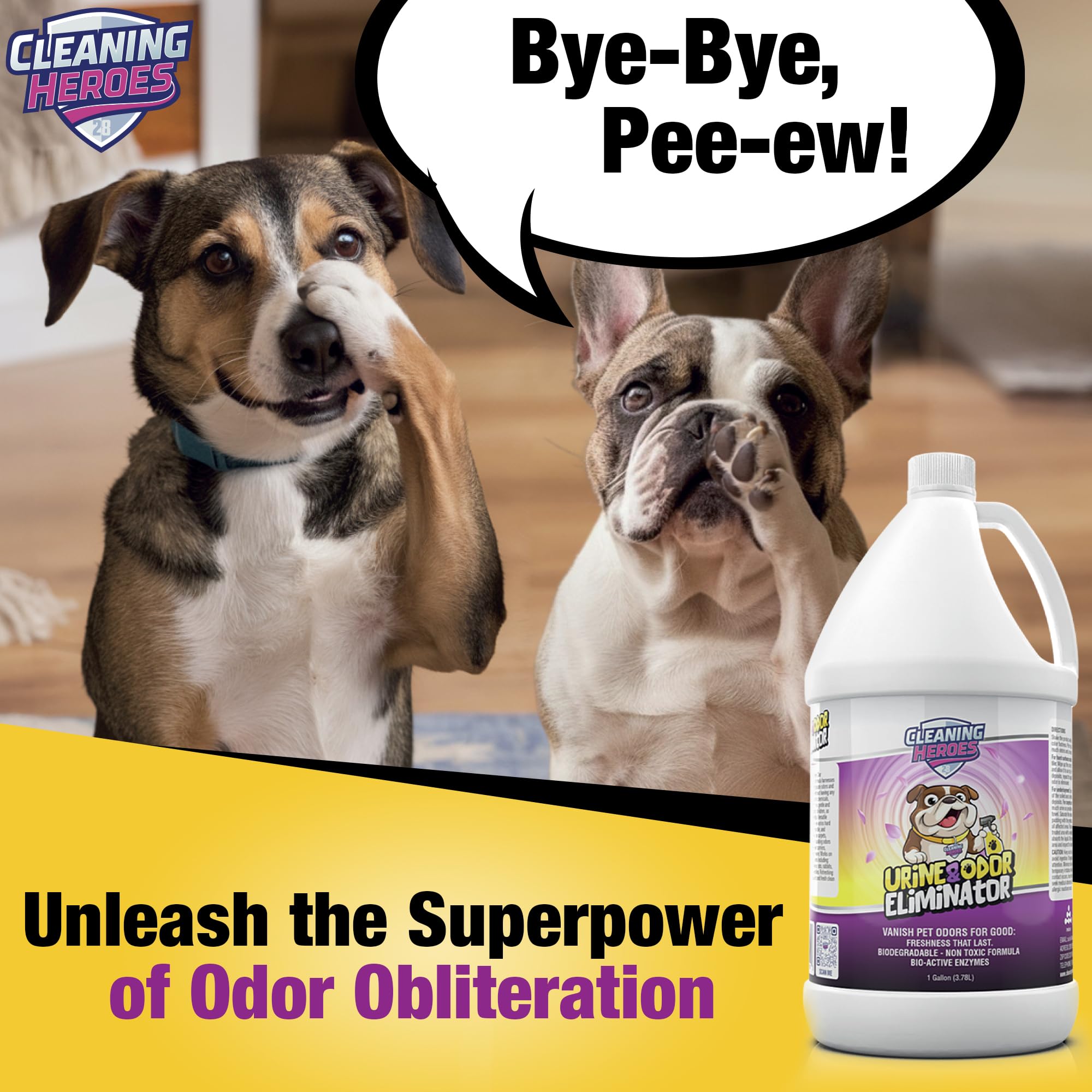 CLEANING HEROES Multi-surface cleaner shown treating odors on wood and tile