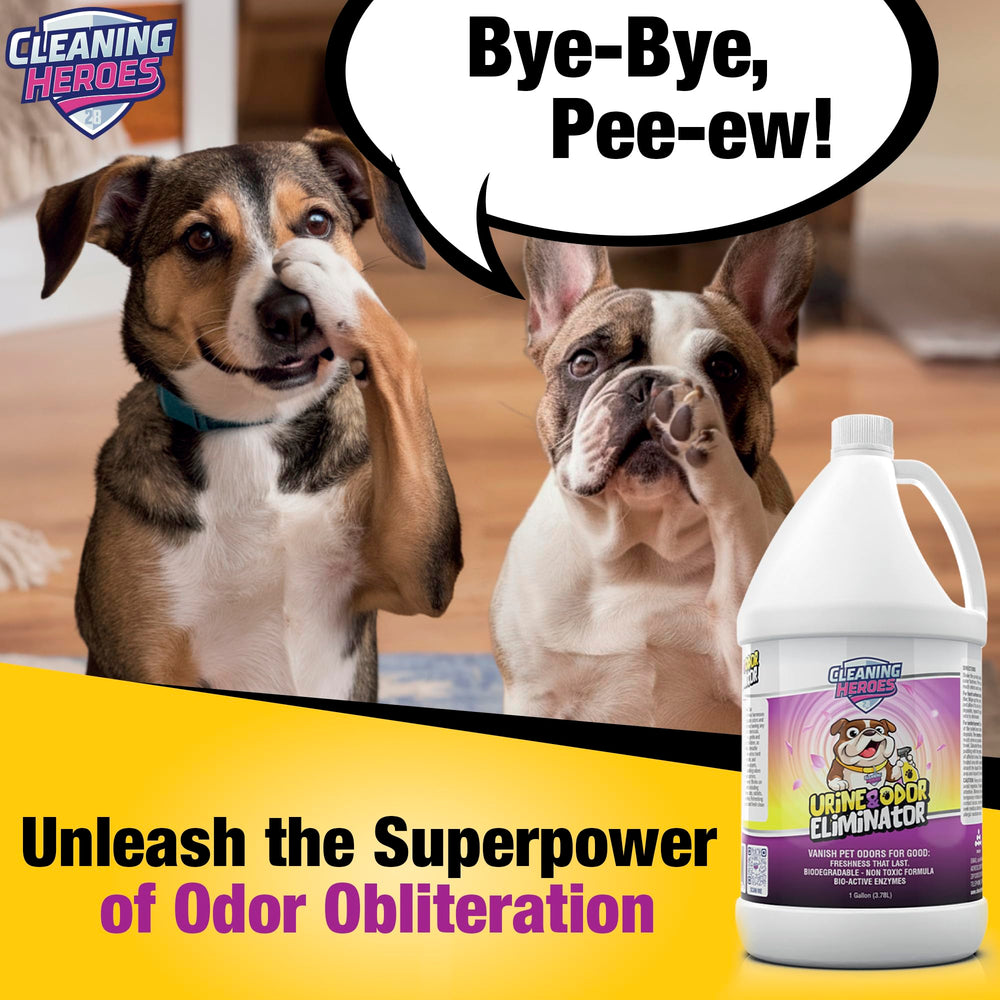 CLEANING HEROES Multi-surface cleaner shown treating odors on wood and tile