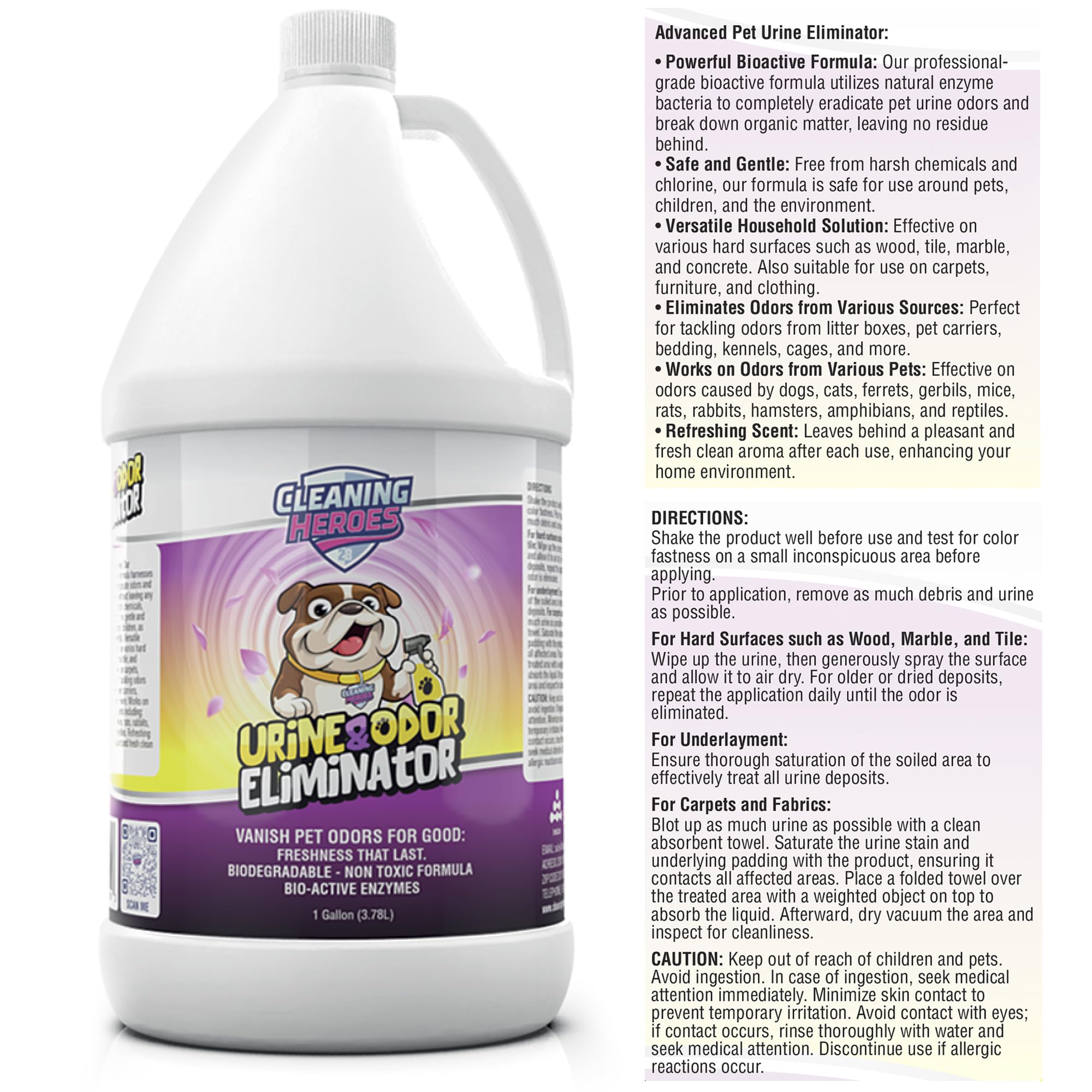 CLEANING HEROES Urine Odor Eliminator label highlights enzyme-powered odor neutralization