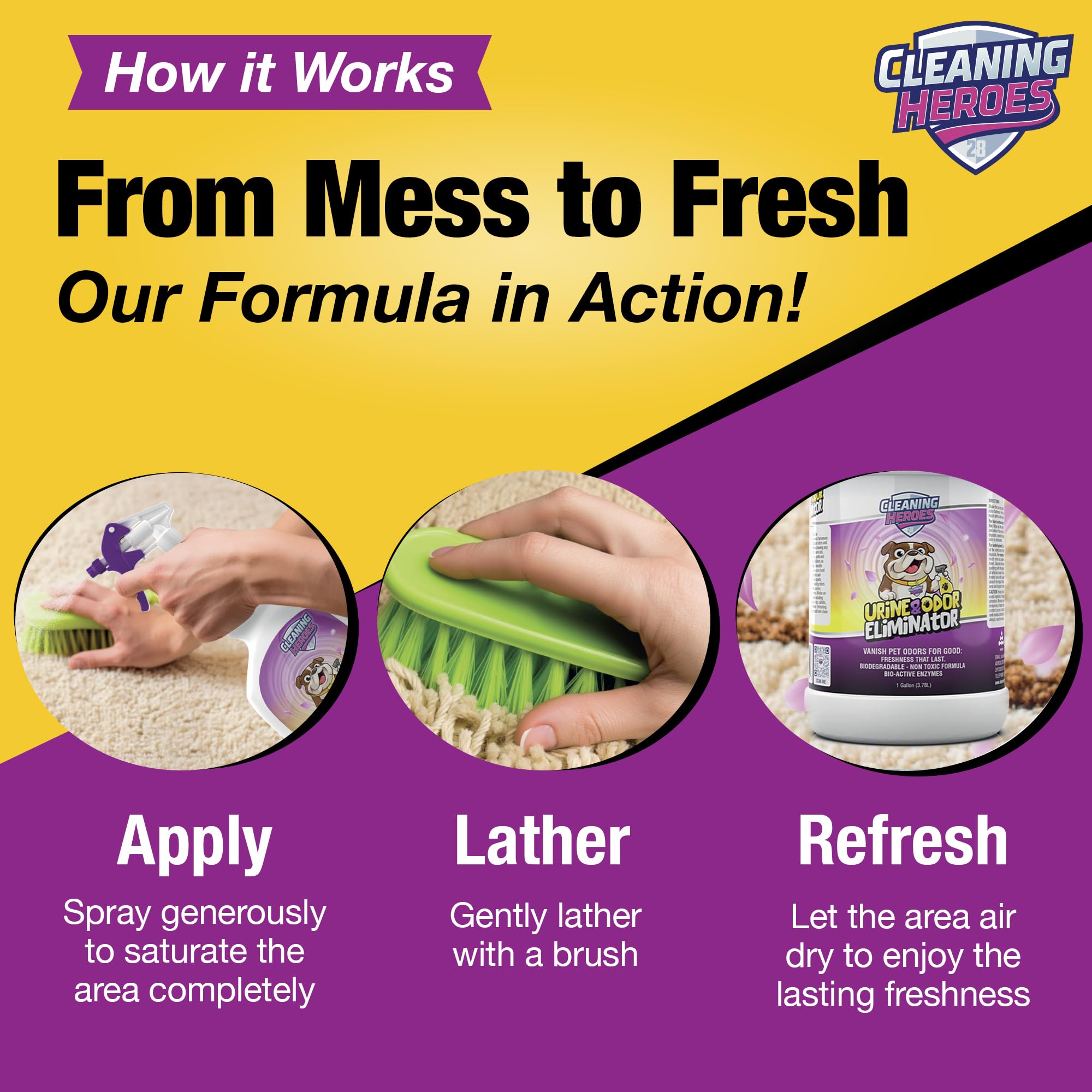 CLEANING HEROES Bleach-free formula shown on packaging supports pet-friendly cleaning on surfaces