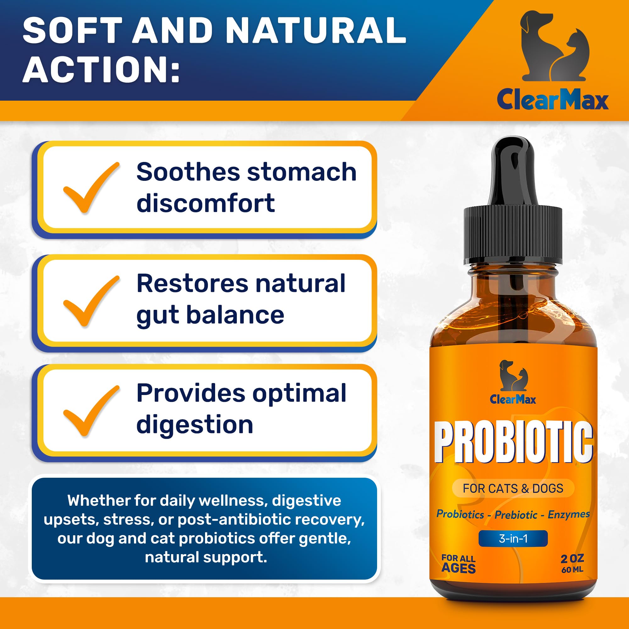 Clear Max Liquid Probiotics bottle pour for quick, accurate pet dosing.