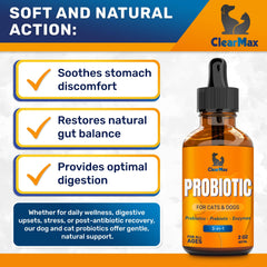 Clear Max Liquid Probiotics bottle pour for quick, accurate pet dosing.