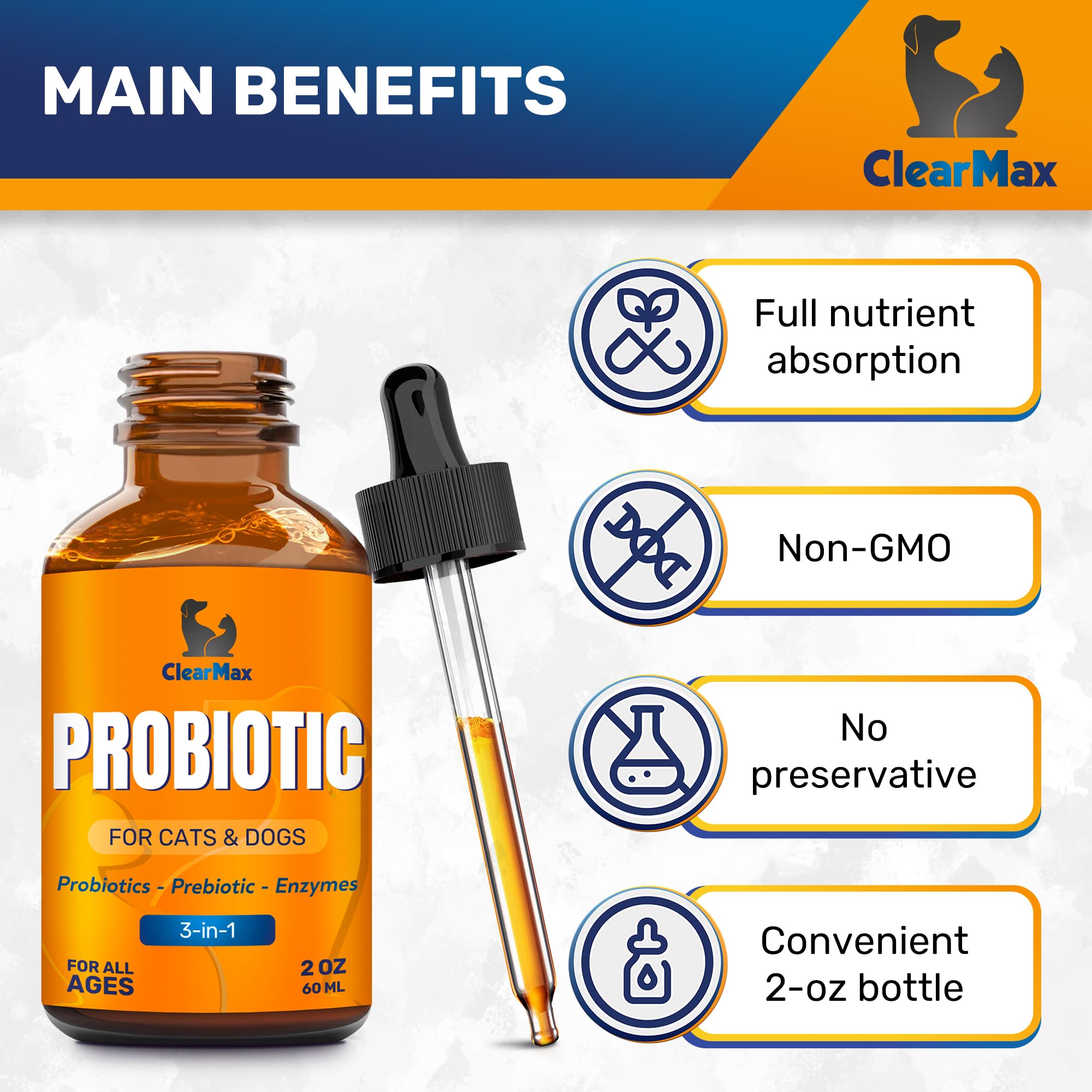 Clear Max Liquid Probiotics for kittens shows cat digestive balance.
