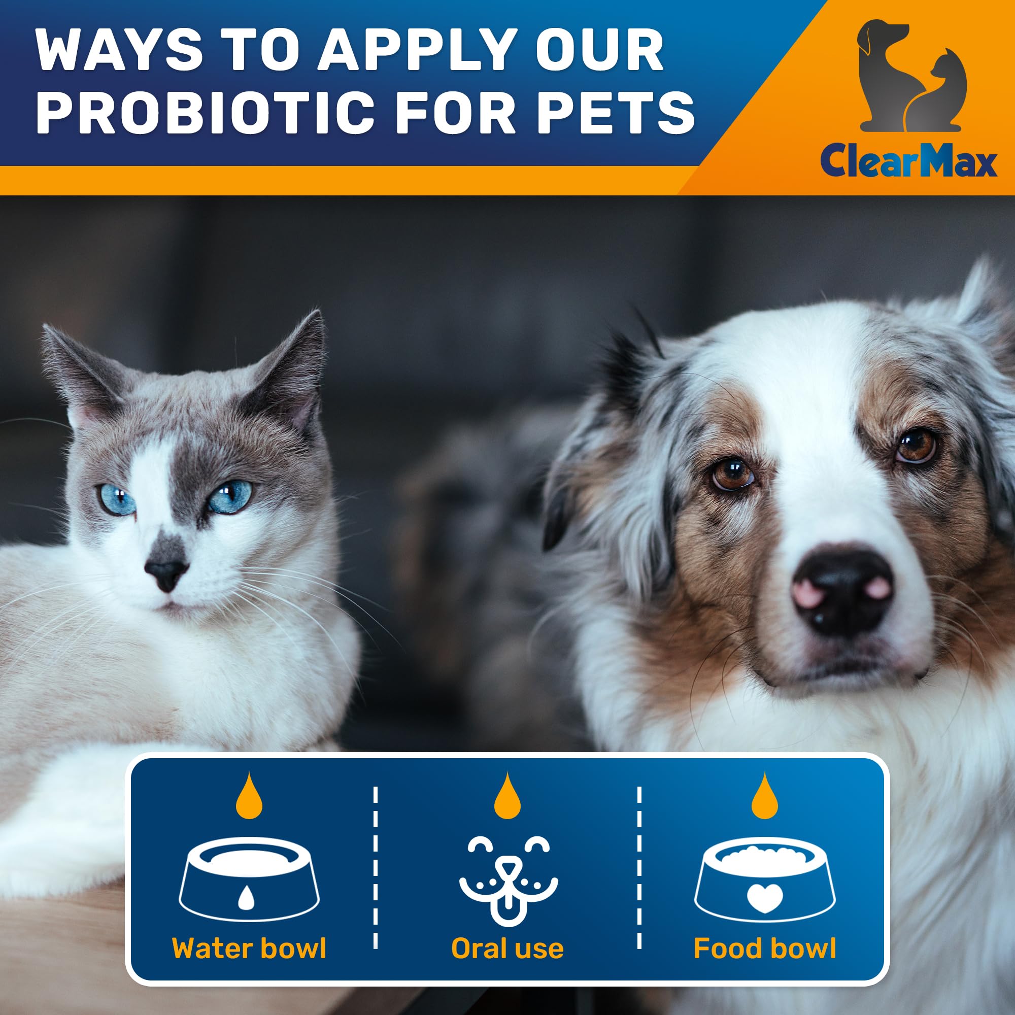 Clear Max Liquid Probiotics for senior pets conveys gentle digestive support.