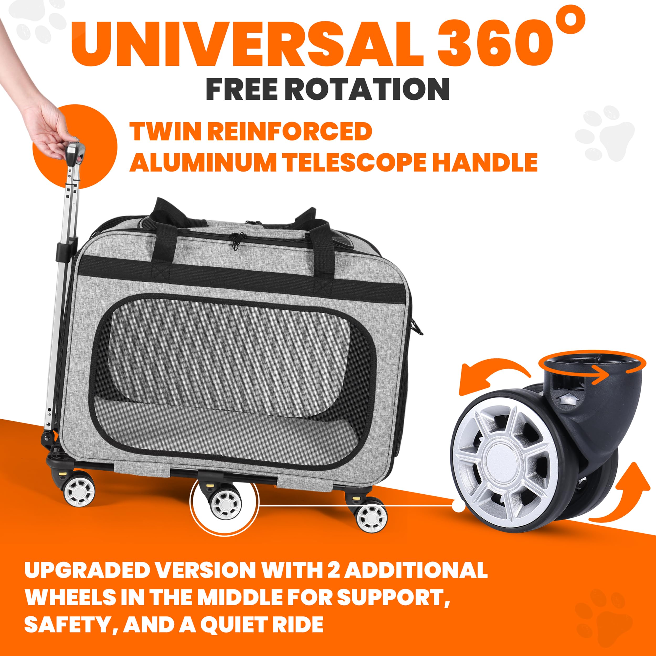 Clements Industries XL Cat & Small Dog Carrier 360-degree wheels help smooth navigation through crowds.