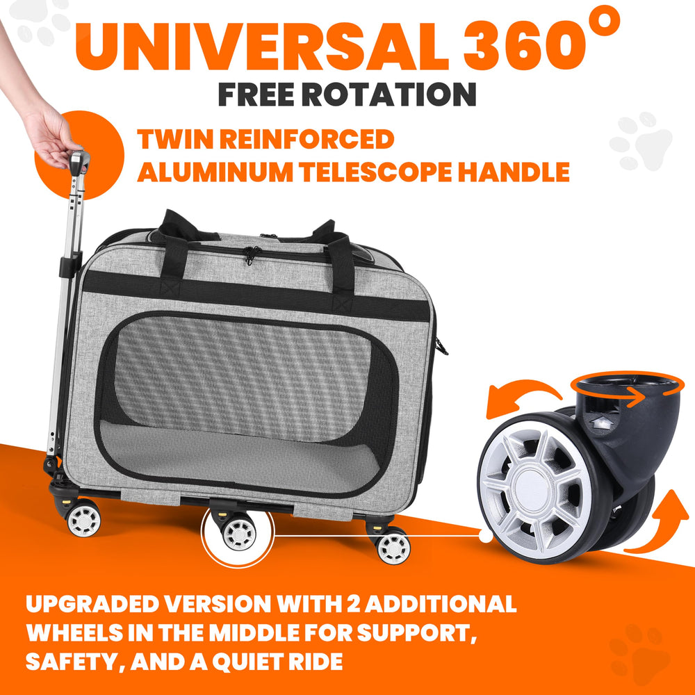 Clements Industries XL Cat & Small Dog Carrier 360-degree wheels help smooth navigation through crowds.