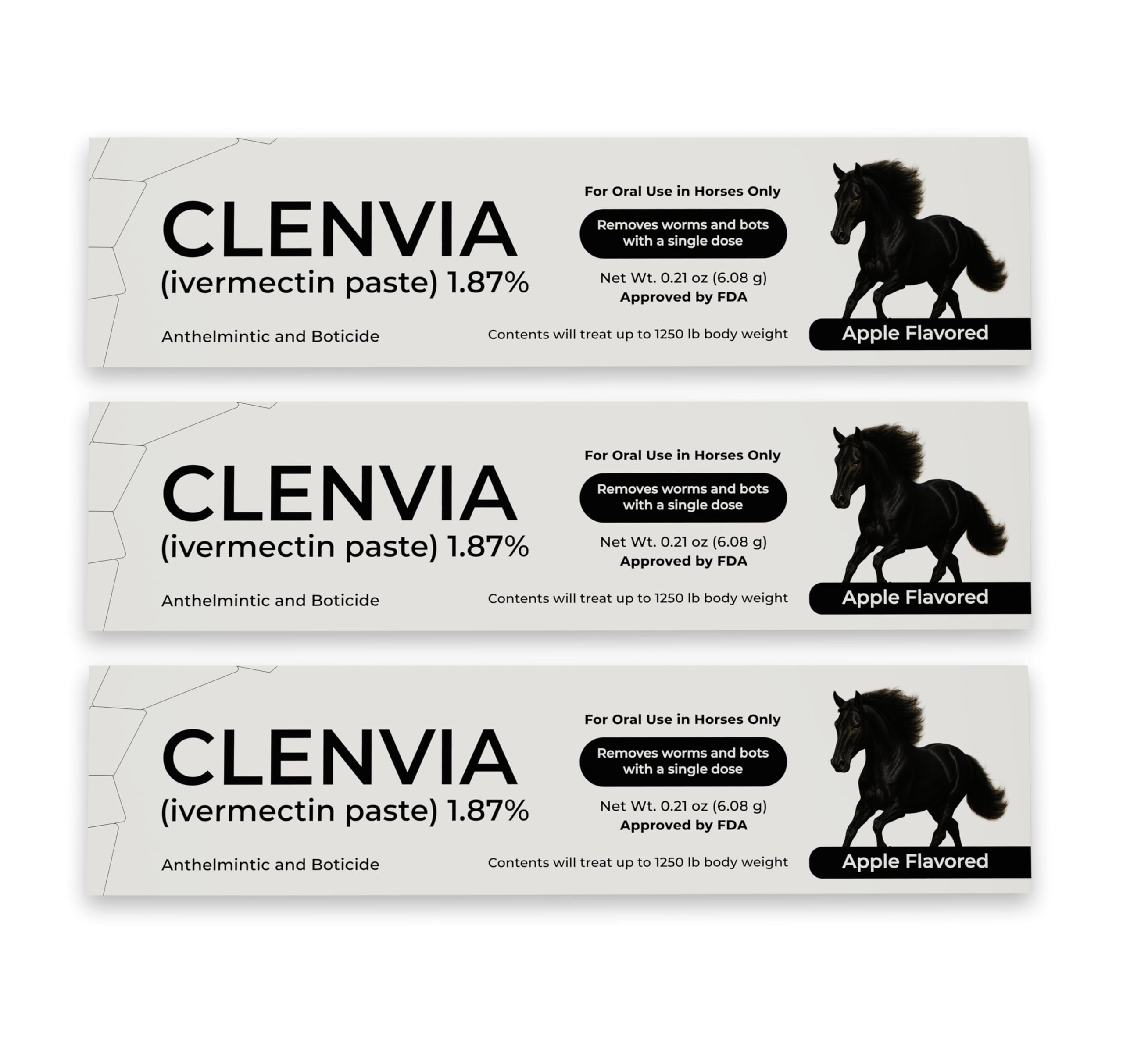 CLENVIA horse paste apple-flavored tube for easy oral dosing.