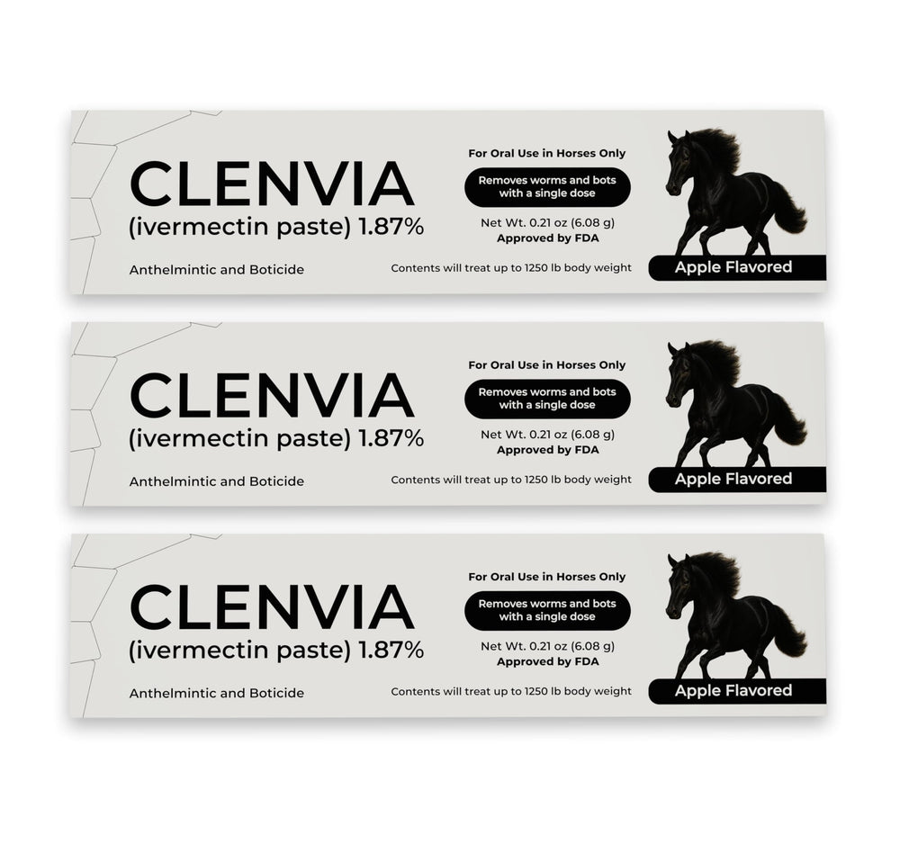 CLENVIA horse paste apple-flavored tube for easy oral dosing.