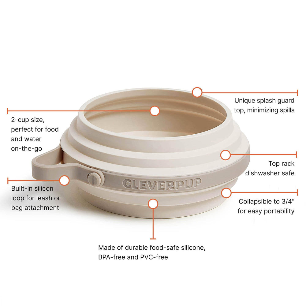 Cleverpup Collapsible Bowl clip highlights BPA-free, dishwasher-safe hydration on the go.