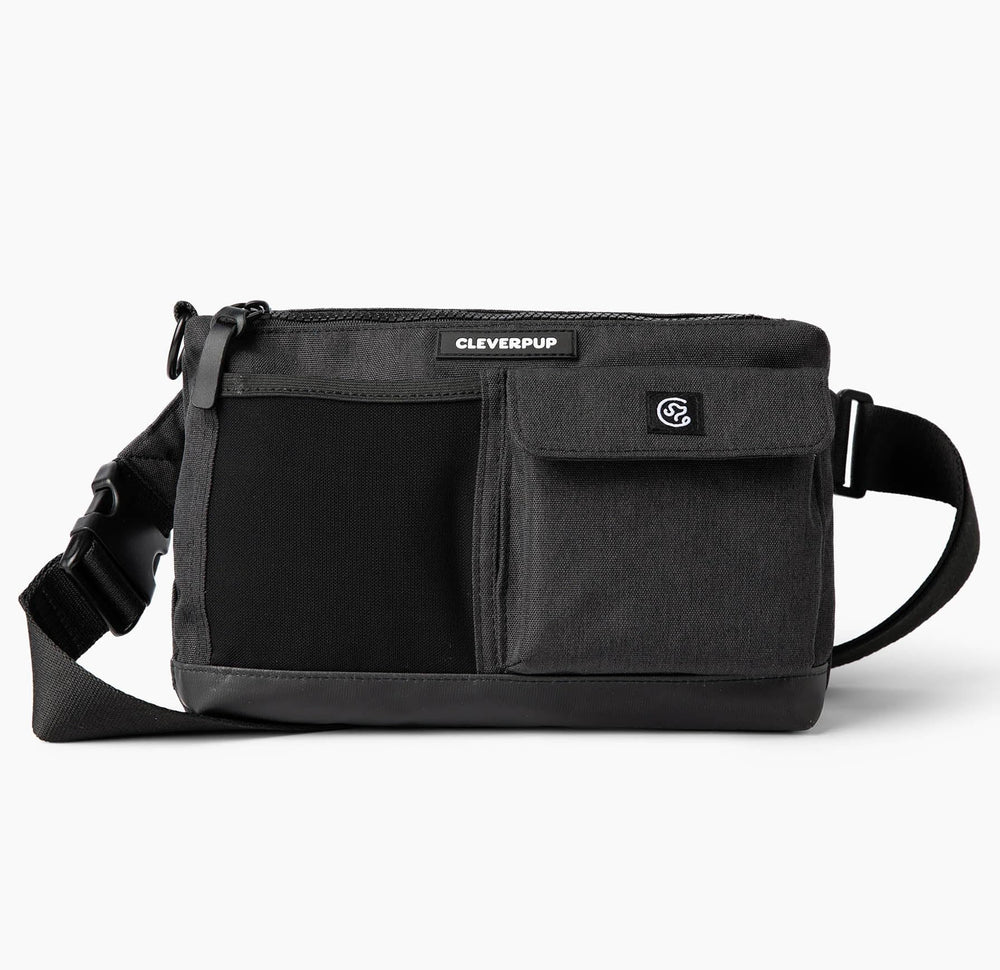 Cleverpup dog walk bag crossbody strap in graphite supports comfy, quick-access wear.