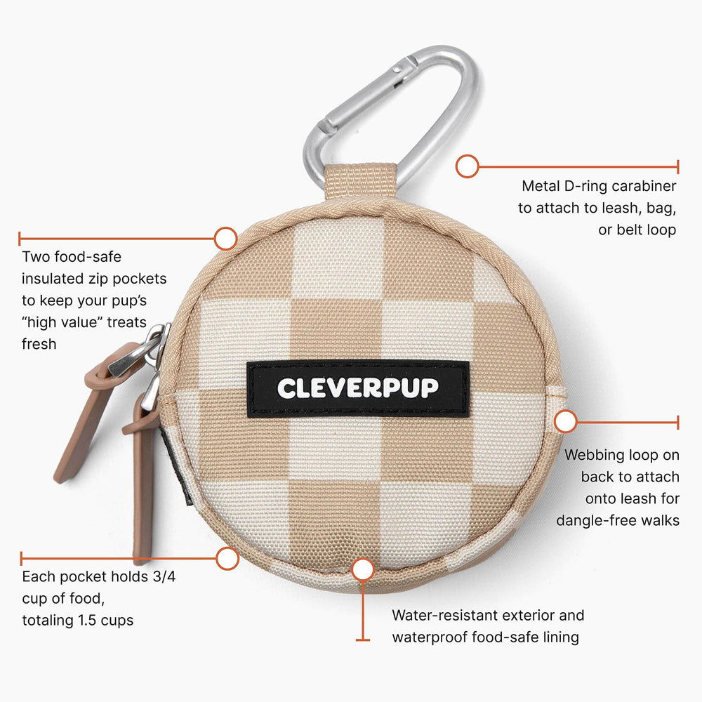 Cleverpup Snackpack dimensions show 4 inch diameter and 2 inch depth.