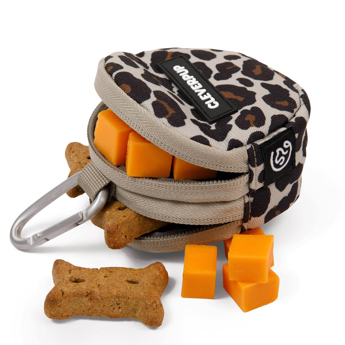 Cleverpup Snackpack leopard front view with dual insulated compartments for treats