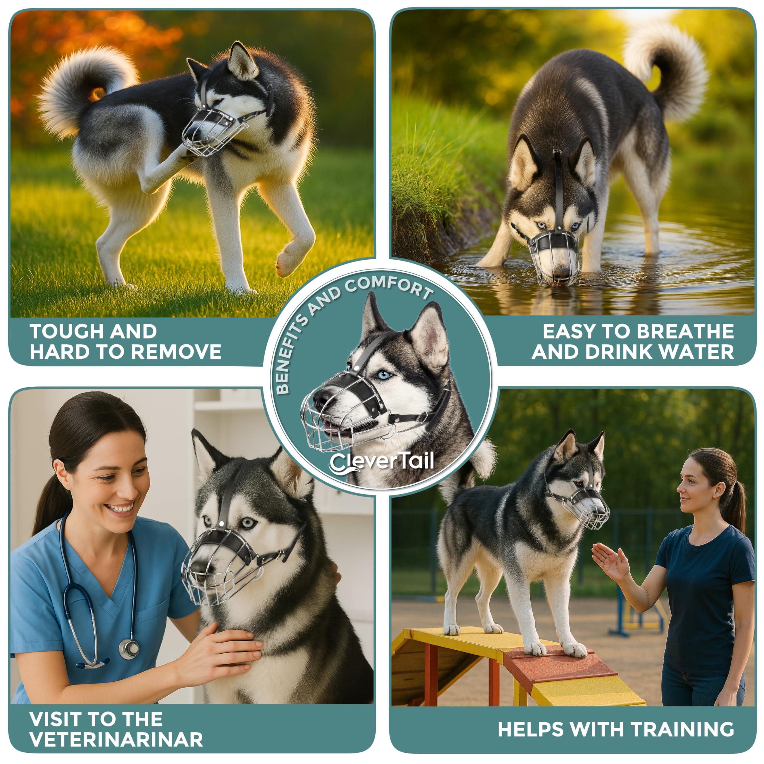 CleverTail Active large-breed muzzle fits huskies and shepherds.