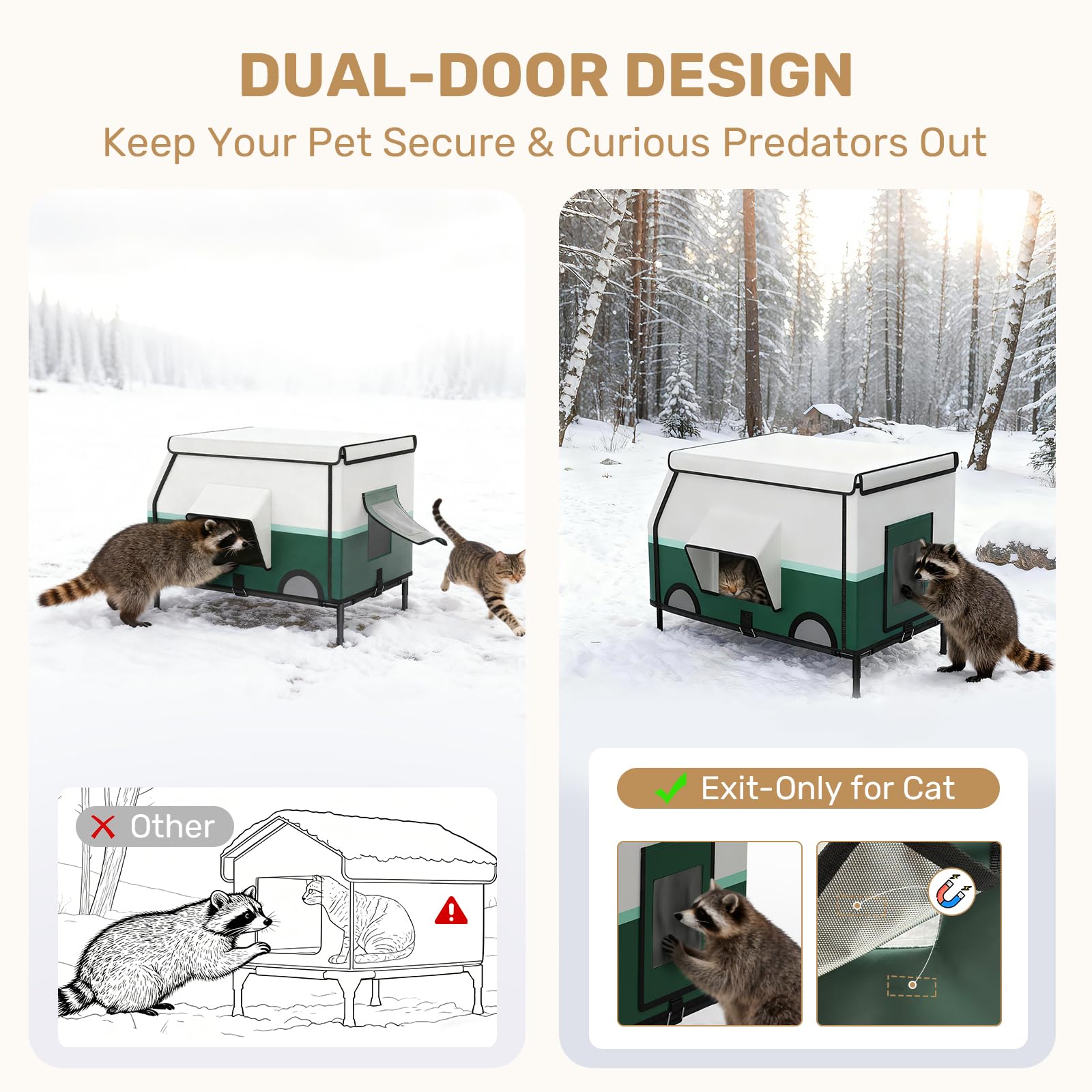 ClimbHope waterproof awning and PVC door flap protect interior during rain and snow