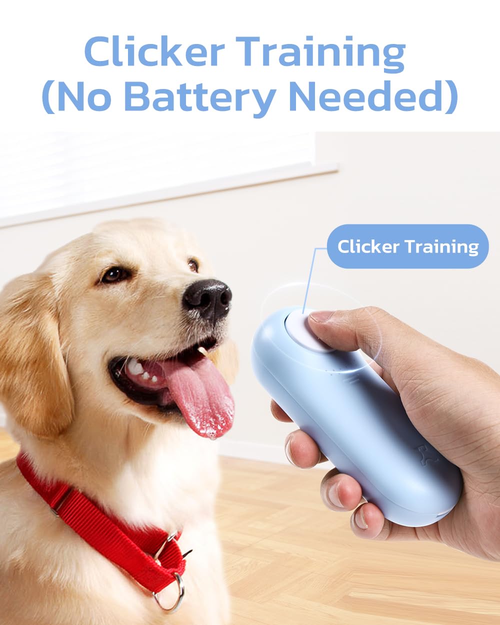 Clink Design clicker dog trainer blue-side angle, compact and portable.