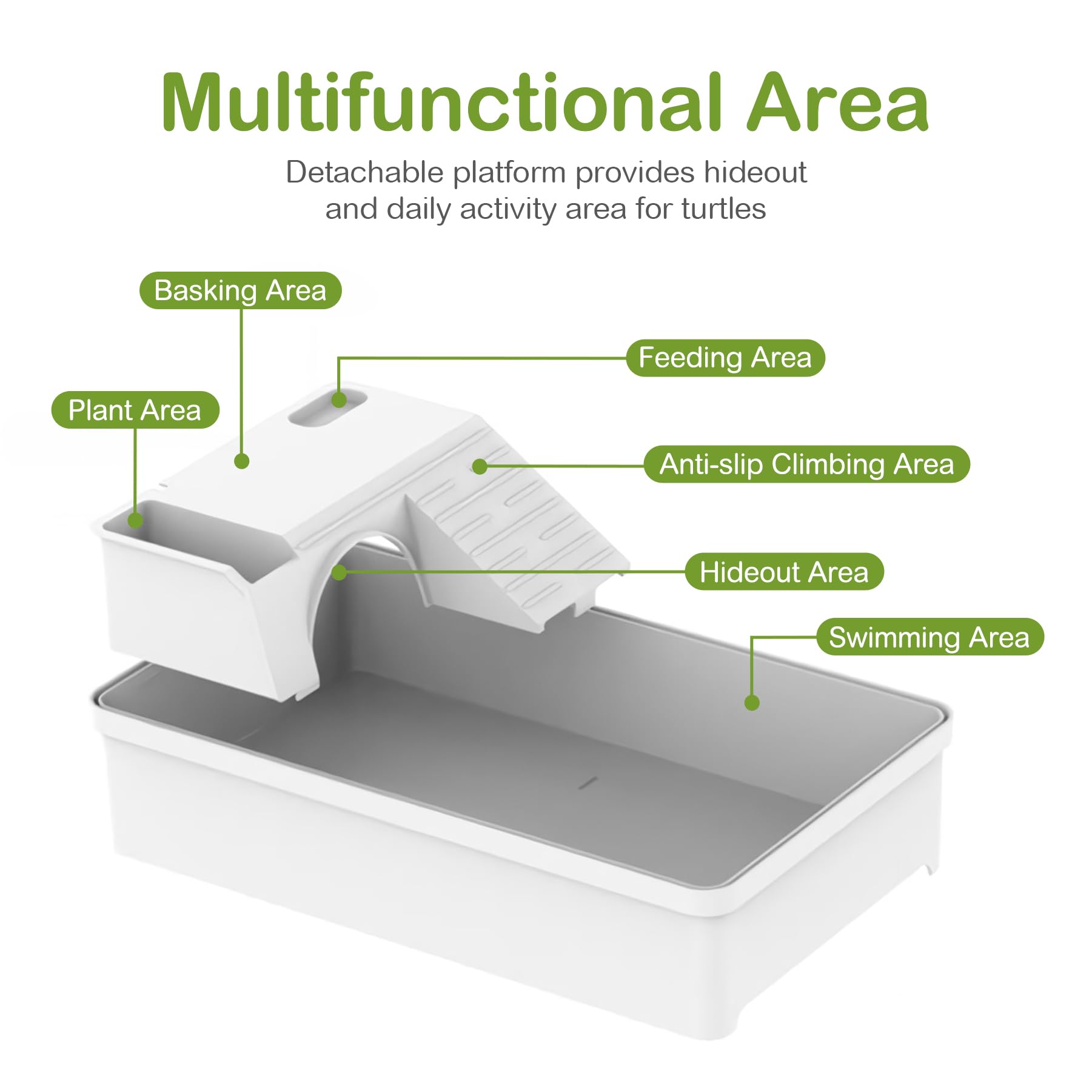 Clioran multi-zone-design creates distinct areas for swimming, hiding, feeding, and sunbathing.