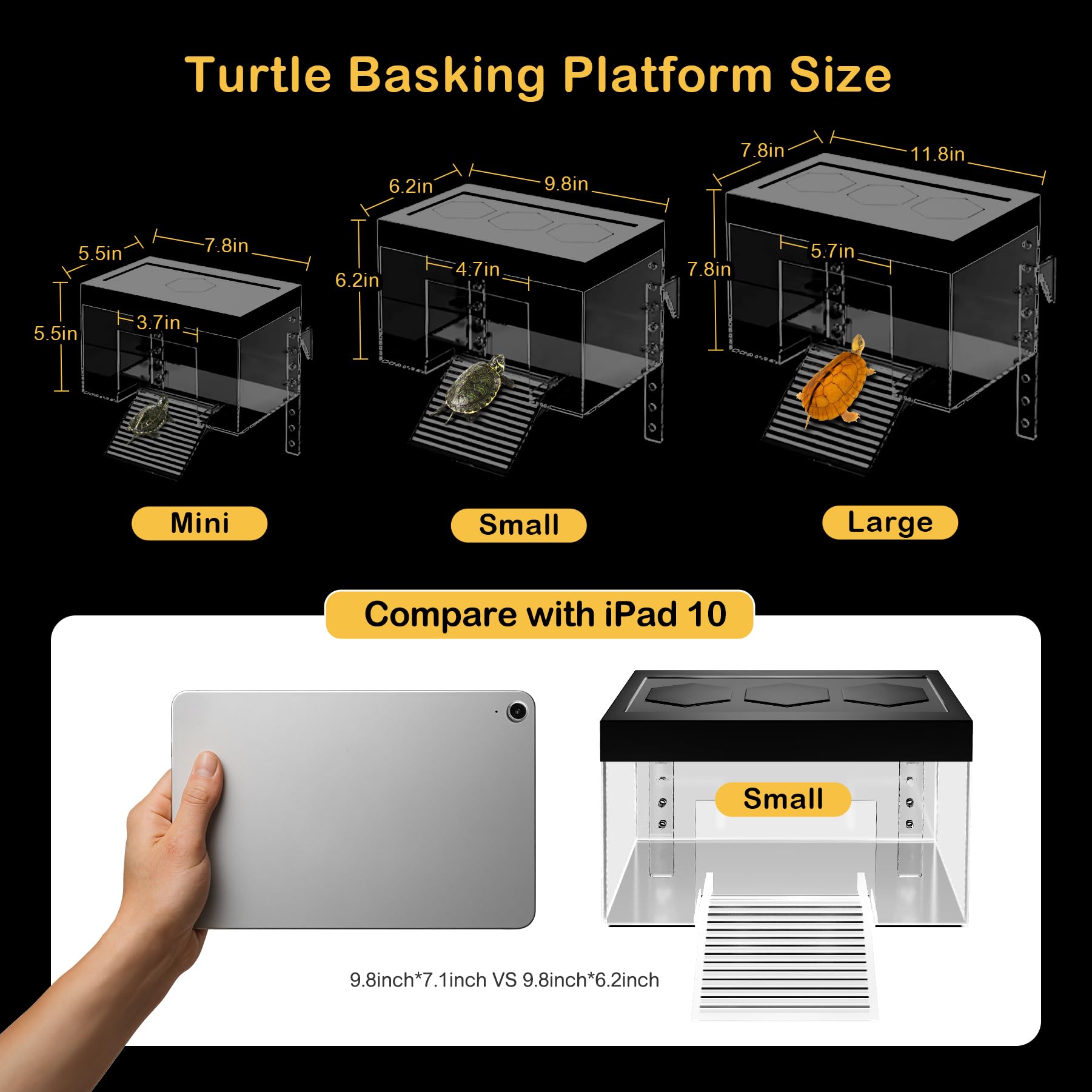 Clioran turtle-basking-platform side view highlights elevated perch for extended basking and space-saving setup.