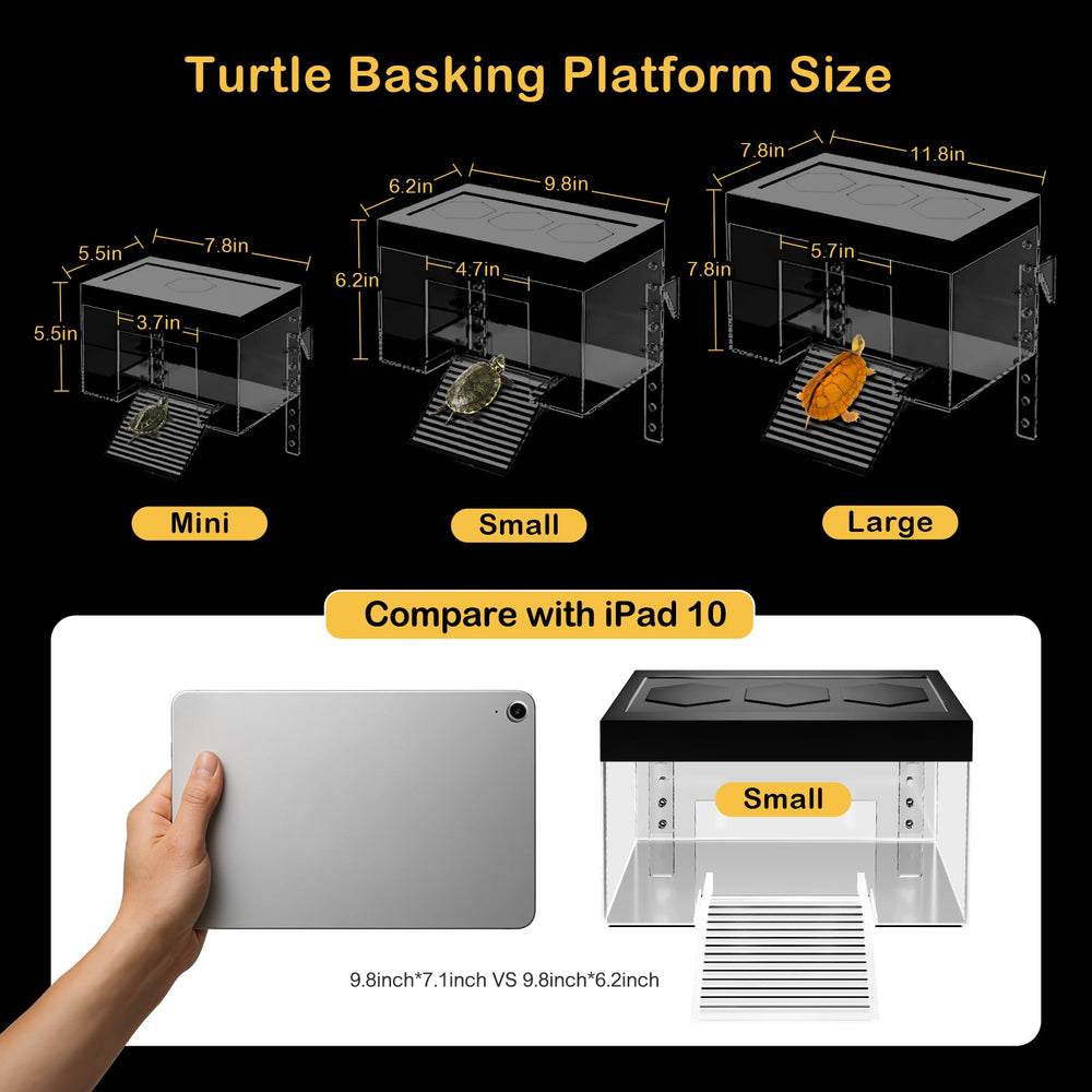 Clioran turtle-basking-platform side view highlights elevated perch for extended basking and space-saving setup.
