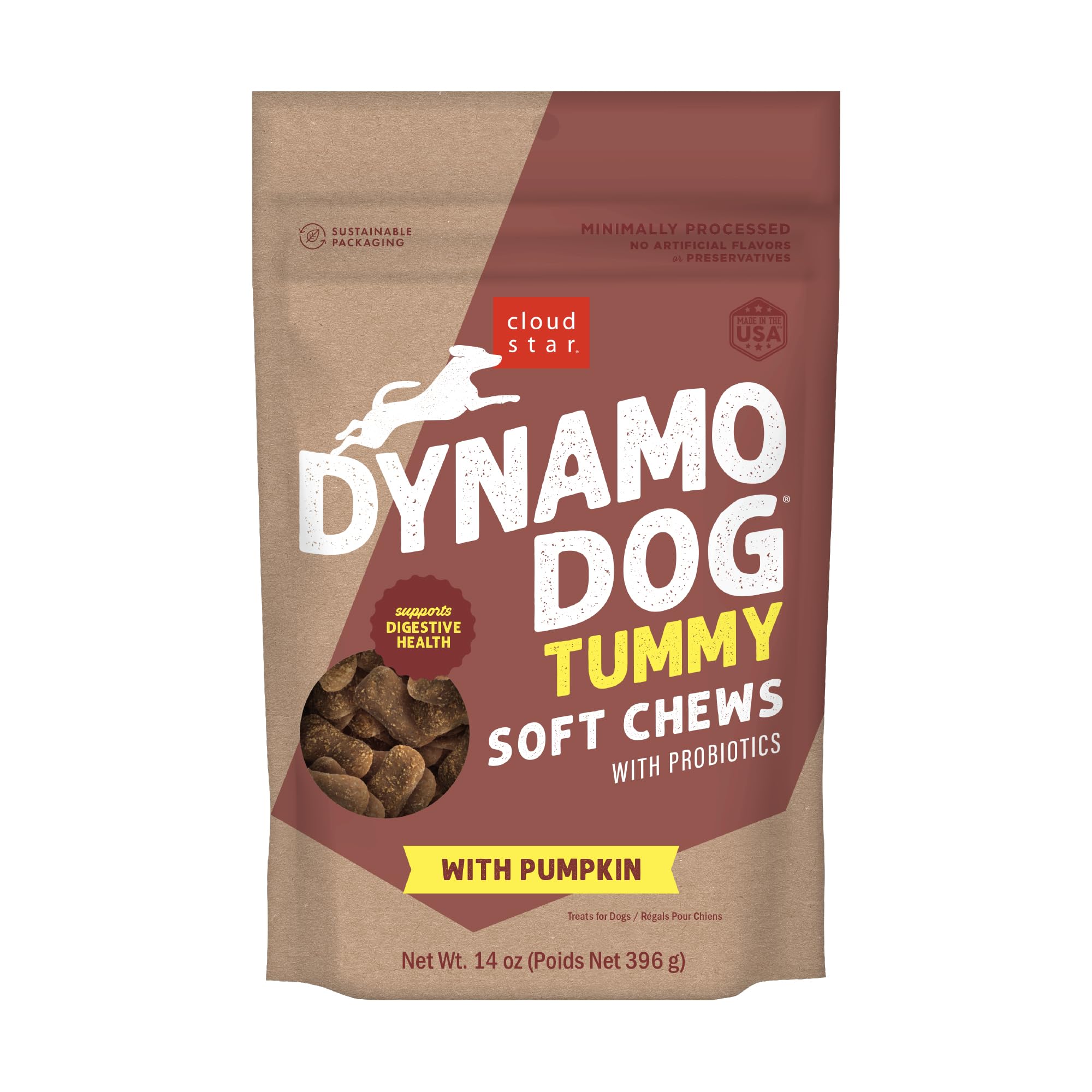 Cloud Star Dynamo Dog Tummy Soft Chews in a bowl show pumpkin-ginger digestive-friendly ingredients