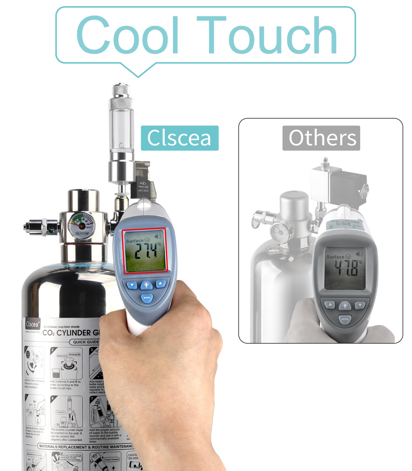 Clscea 304 stainless steel regulator and bottle for durable, safe operation.