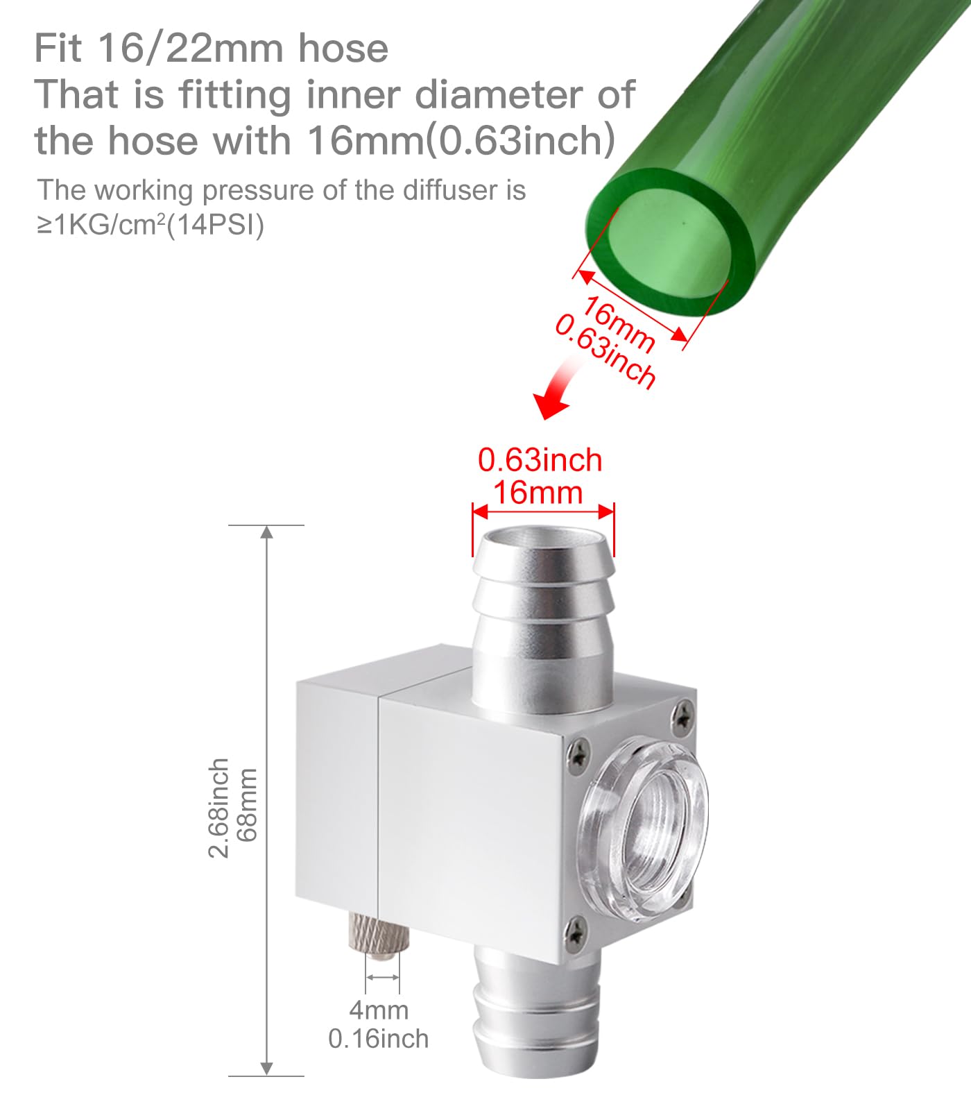 Clscea inline CO2 diffuser horizontal connection highlight for filter compatibility.