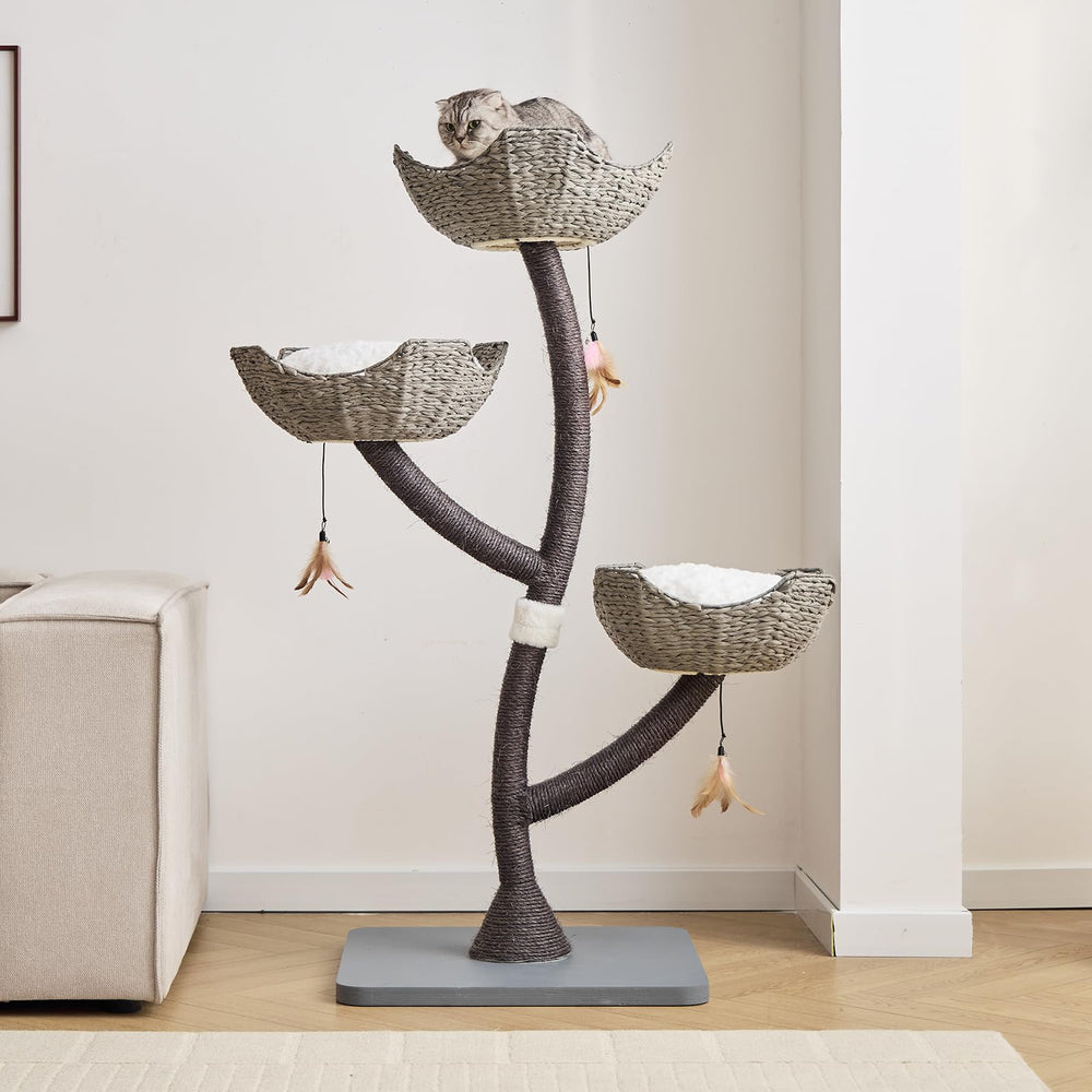 CLVTREBETO 52in gray cat tree tower provides sturdy large-cat support for climbing.