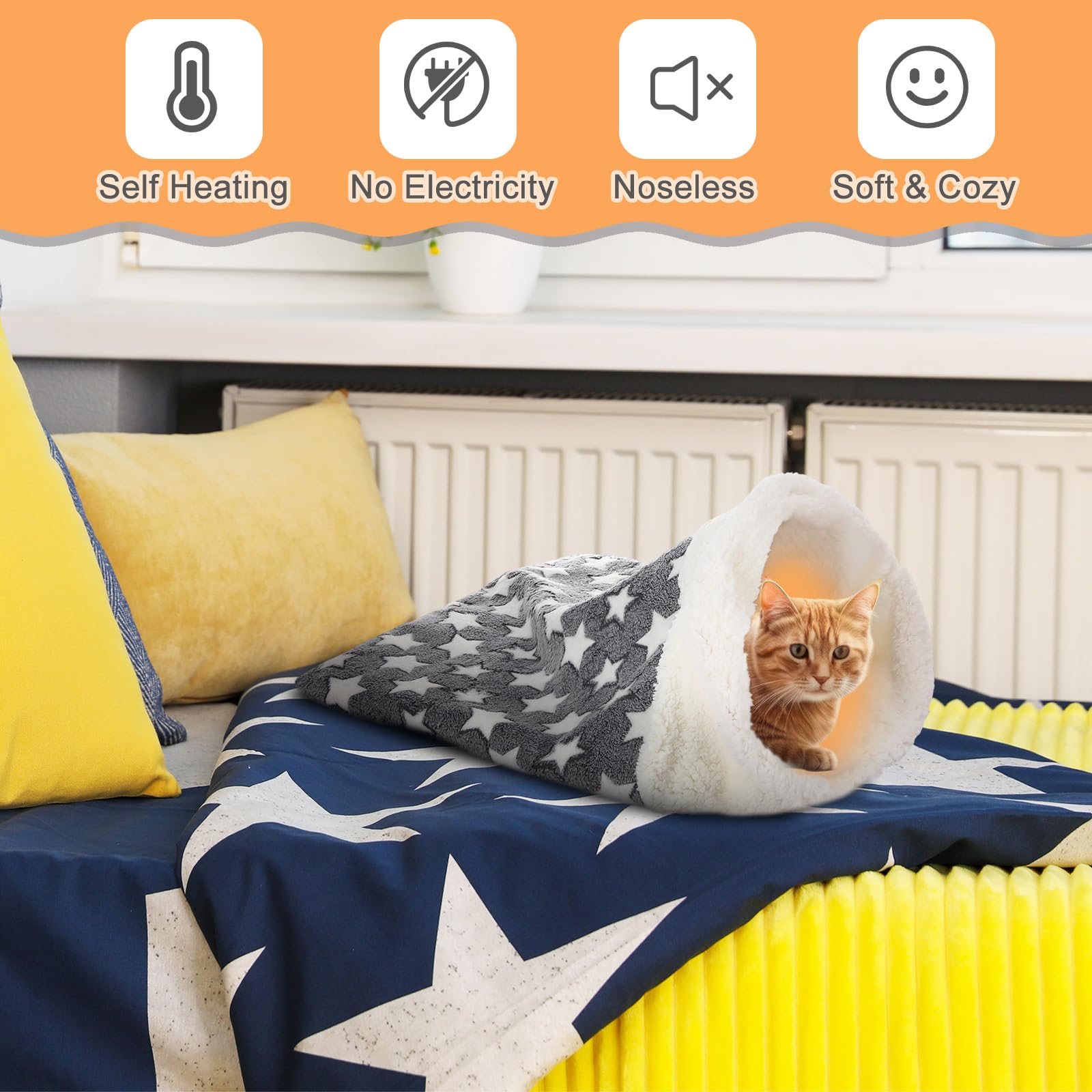 Clysee self-heating cat sleeping bag gray fabric closeup highlights plush warmth and wrap