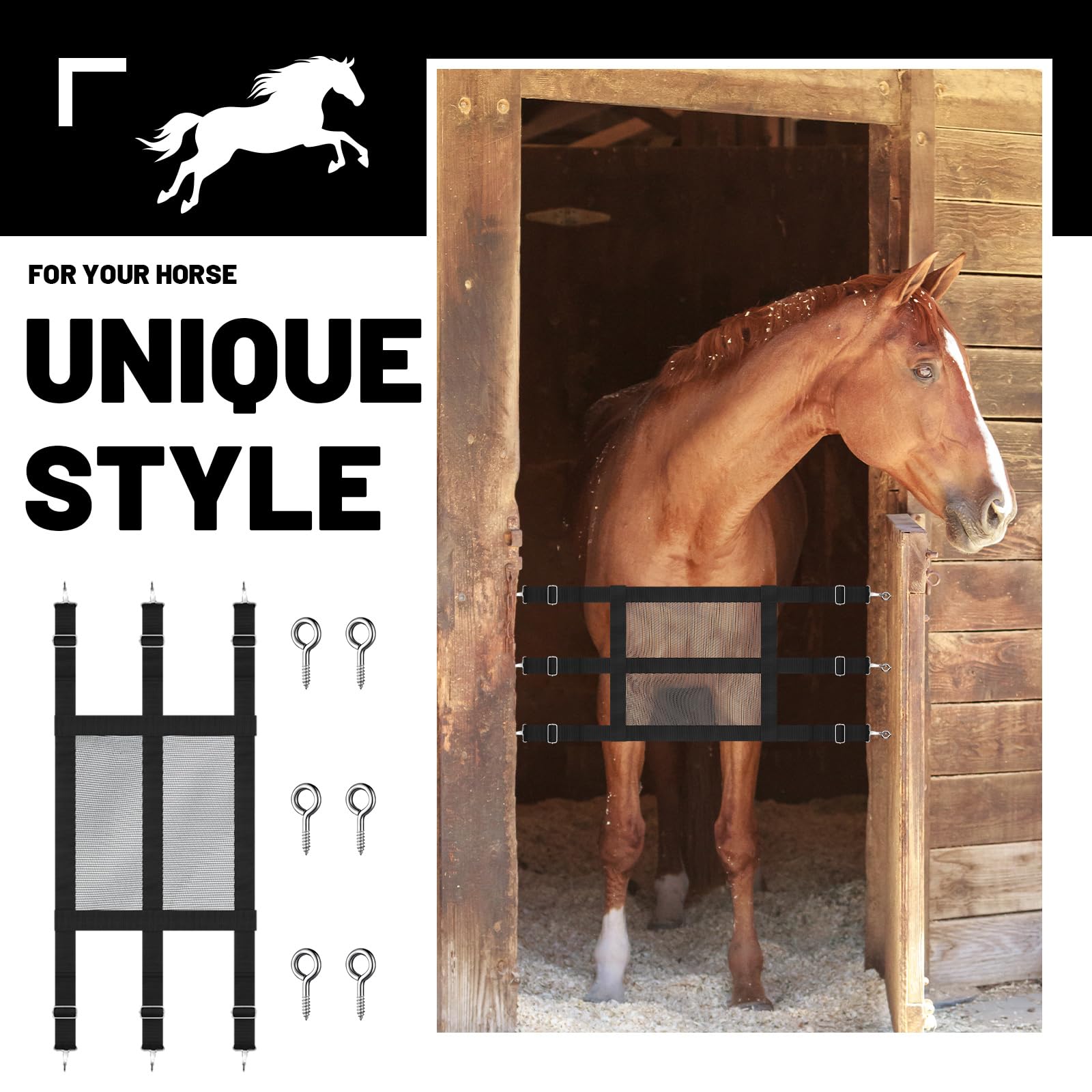Clysee black stall guard blends with stalls while keeping horses visible and safe.