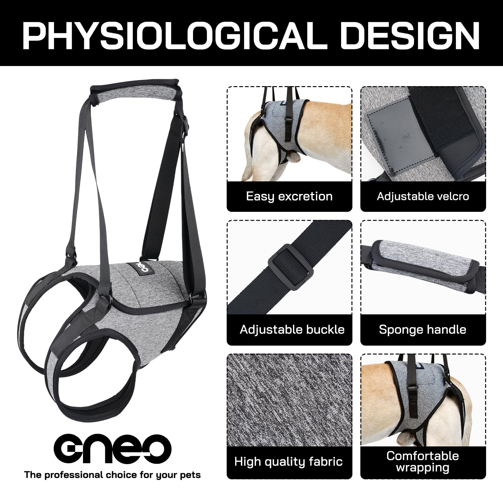 Cneo Dog Lift Harness rear leg holes support safer lifting assistance.