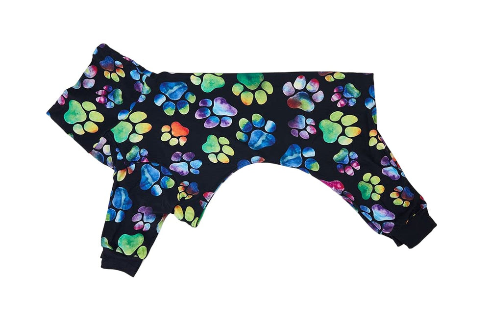 Cnkwei dog pajamas size guide image helps measure chest and neck for correct fit.